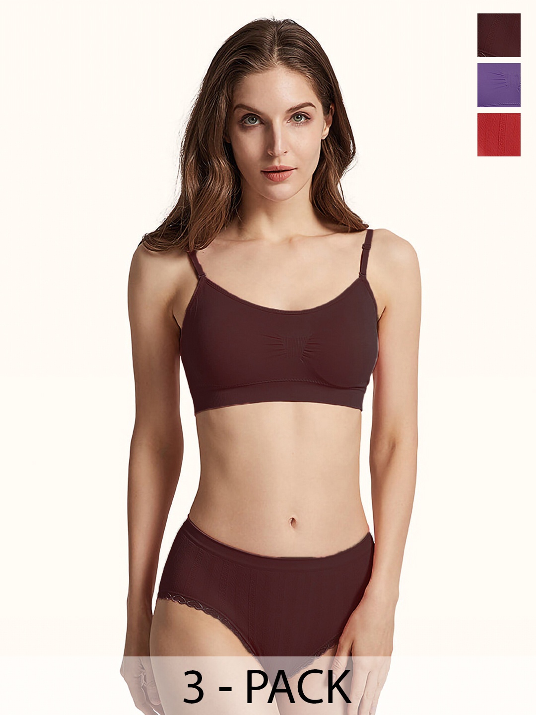 

Aamarsh Pack Of 3 Non Padded Cotton Lingerie Set A_Nora Set_Red,Purple,Maroon