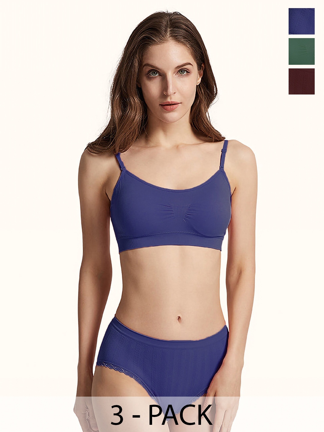

Aamarsh Pack Of 3 Cotton Non Padded Lingerie Set A_Nora Set_Maroon,Green,Blue