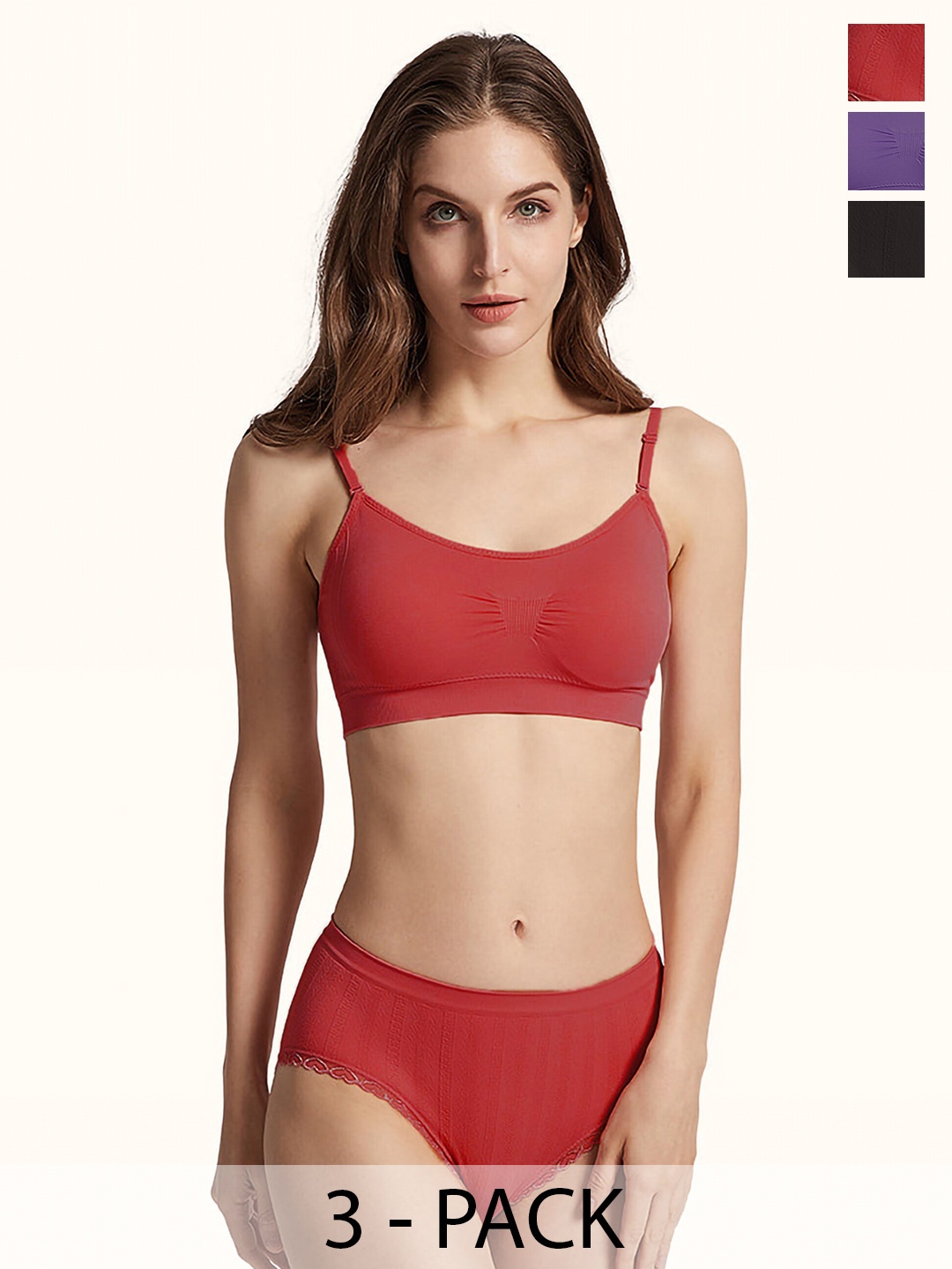 Aamarsh Pack Of 3 Non Padded Cotton Lingerie Set, Red