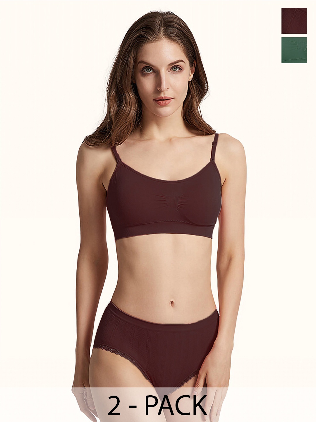 

Aamarsh Pack Of 2 Non Padded Cotton Lingerie Set A_Nora Set_Maroon,Green