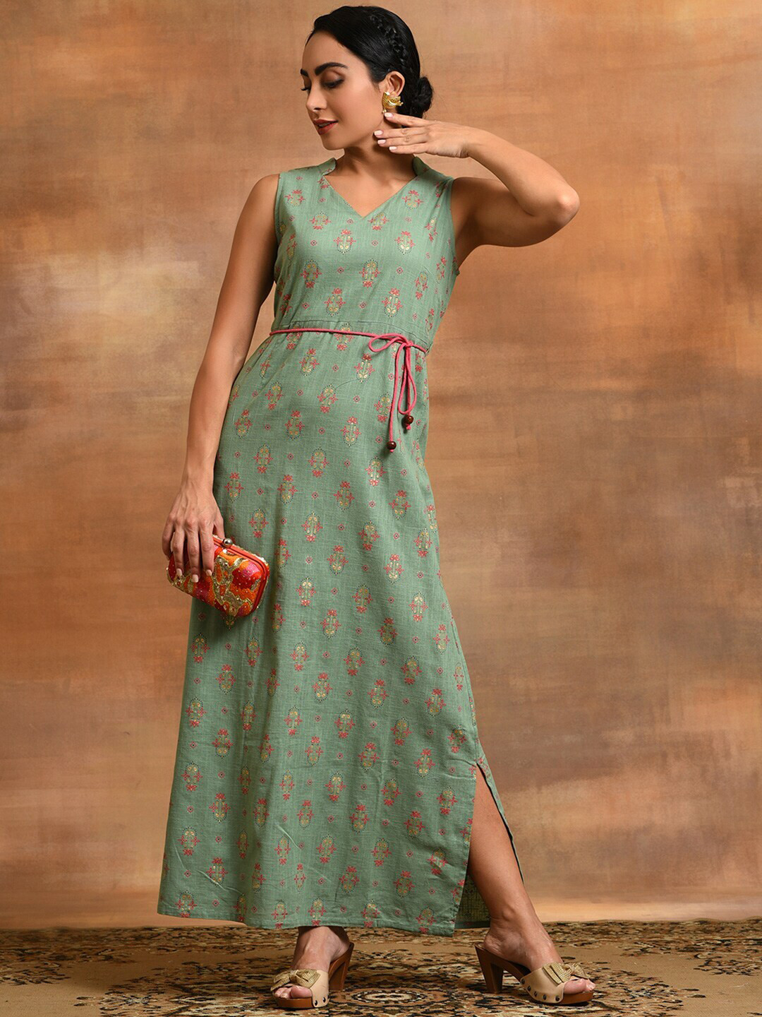 

Anouk Ethnic Motifs Print V-Neck Sleeveless Straight Maxi Dress, Sea green