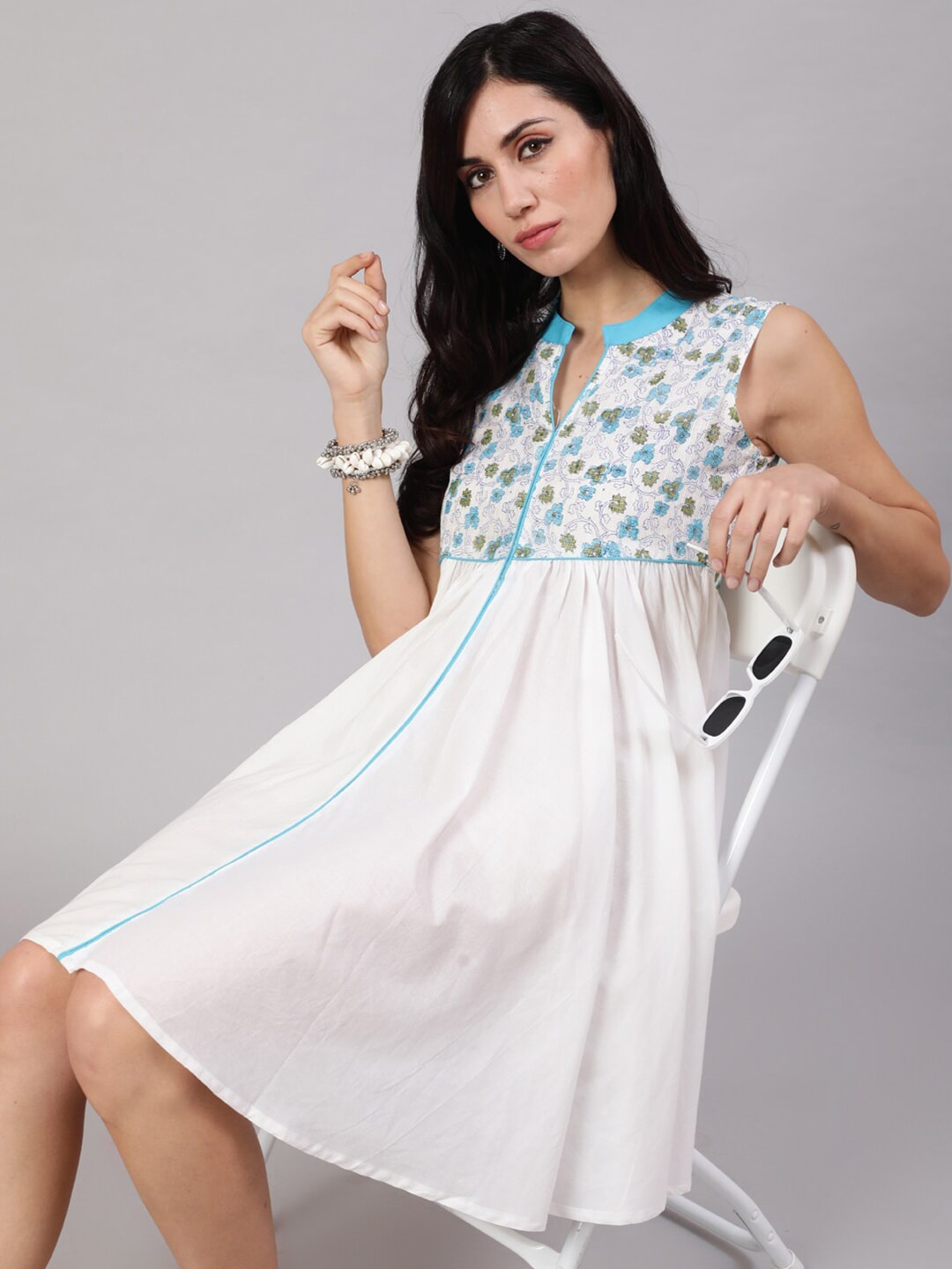 

Anouk Floral Mandarin Collar Sleeveless Knee Length A-Line Dress, White