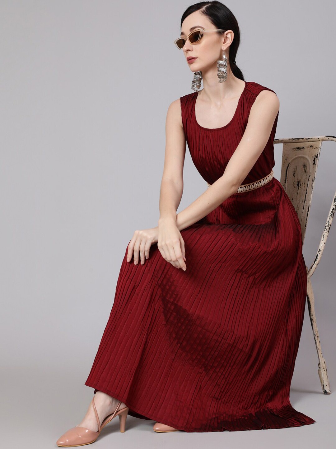 

Anouk Round Neck Pleated Maxi Dress, Maroon
