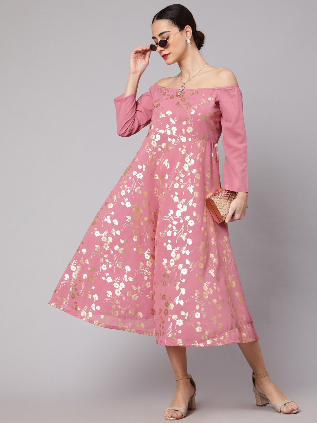

Anouk Floral Print Off-Shoulder Georgette A-Line Midi Dress, Pink