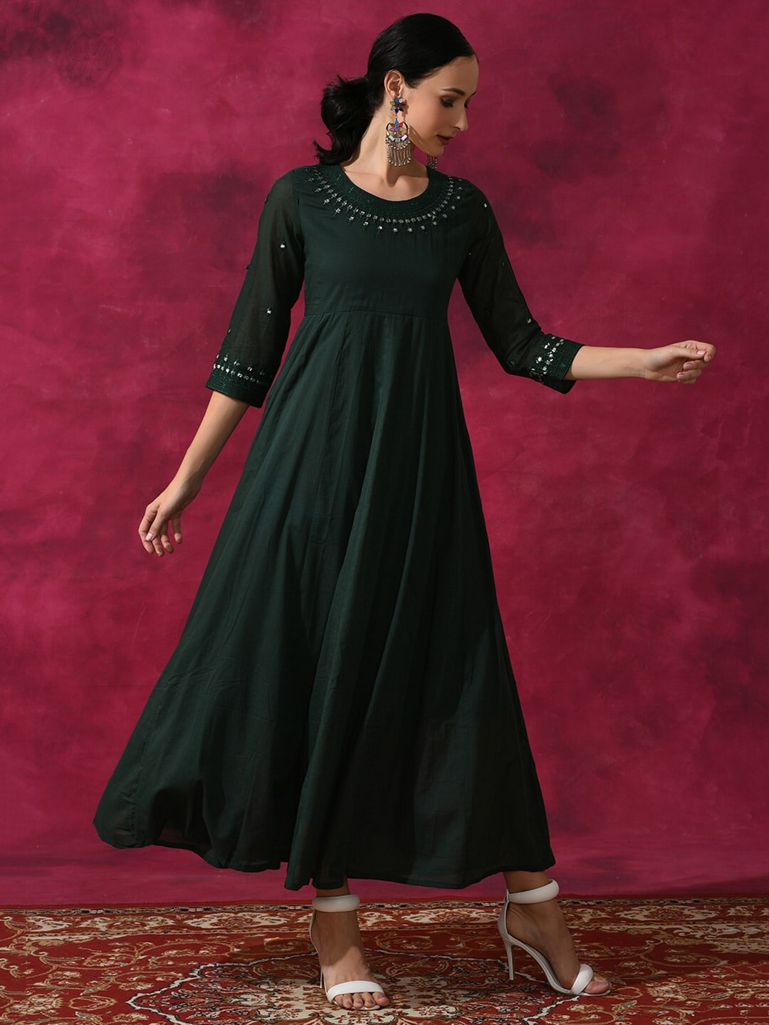 

Anouk Sequined Round Neck Flared Maxi Dress, Green