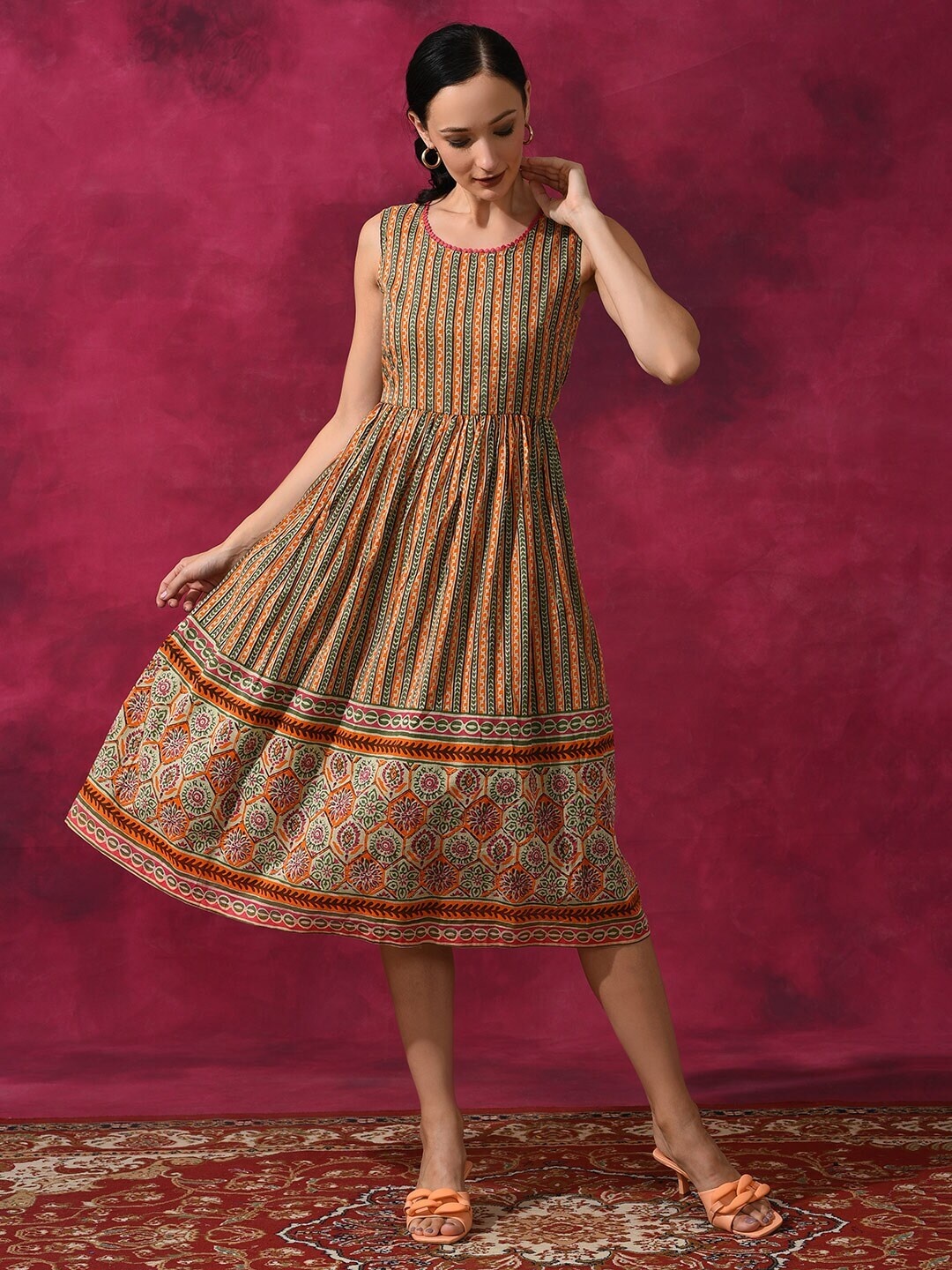 

Anouk Ethnic Motifs Print Round Neck Sleeveless Flared A-Line Maxi Casual Dress, Cream