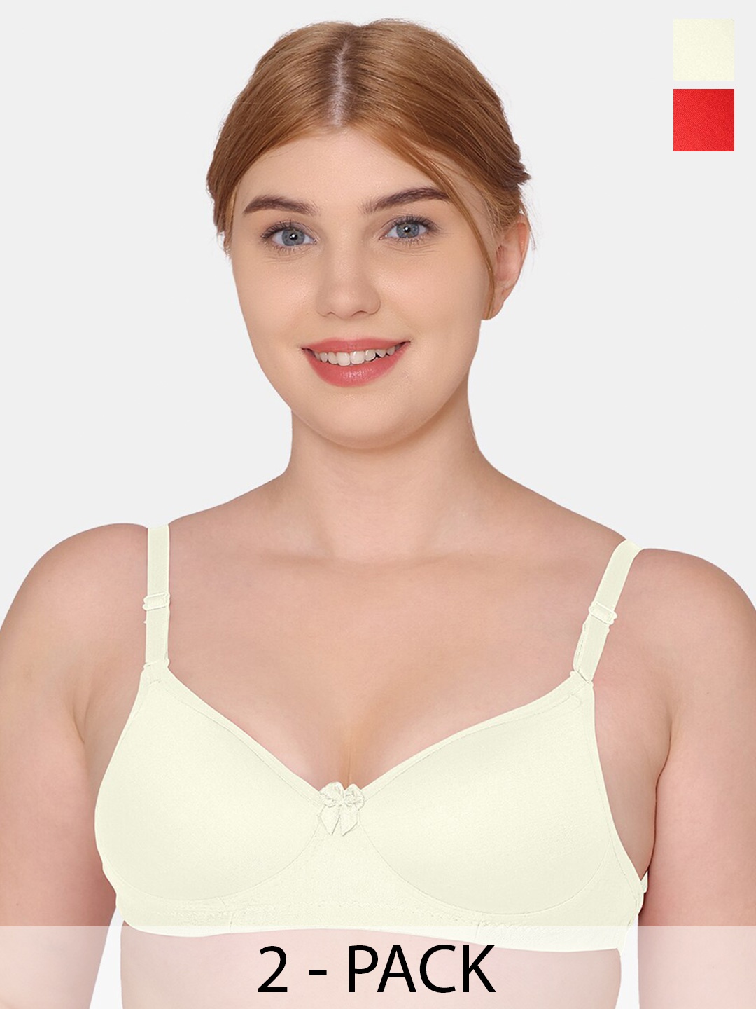 

KOMLI Pack Of 2 Lightly Padded Non Wired Seamless Cotton T-Shirt Bra With All Day Comfort, Off white