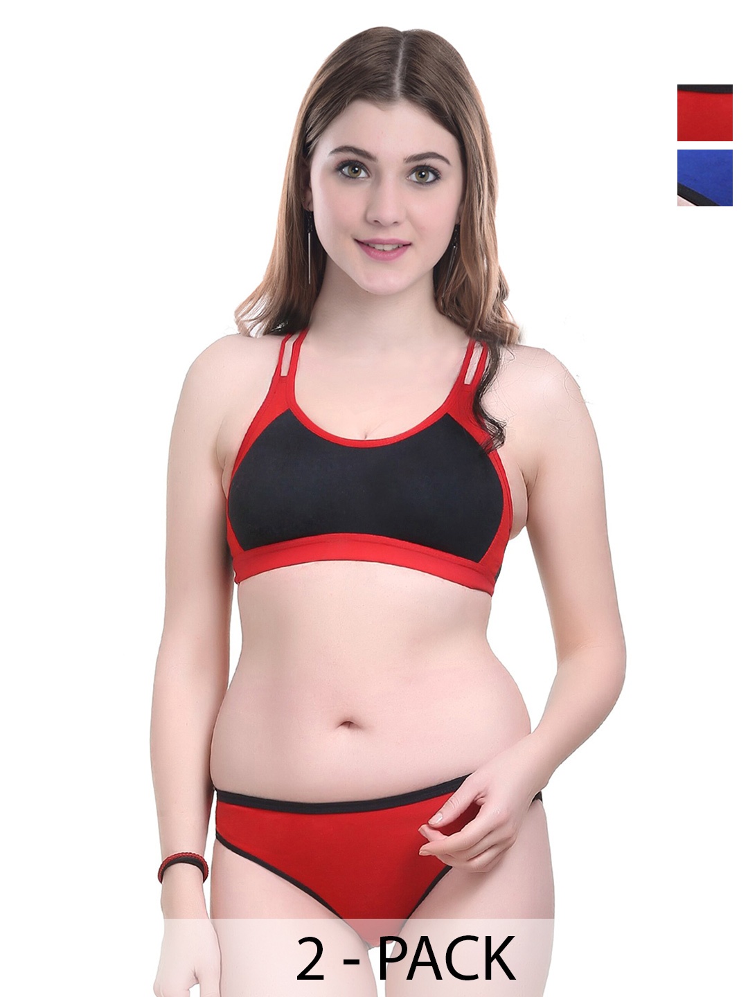 

PIBU Pack Of 2 Cotton Briefs Lingerie Set F_Sidori Set_Red,Blue