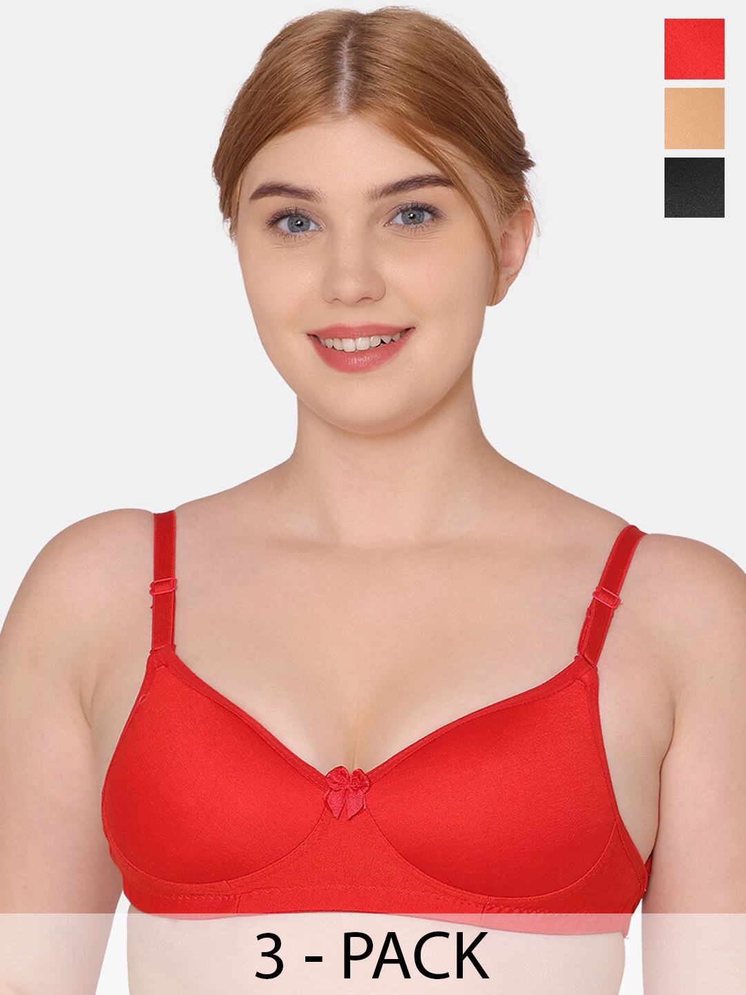 

KOMLI Pack Of 3 Full Coverage Lightly Padded Cotton Everyday Bra With All Day Comfort, Beige