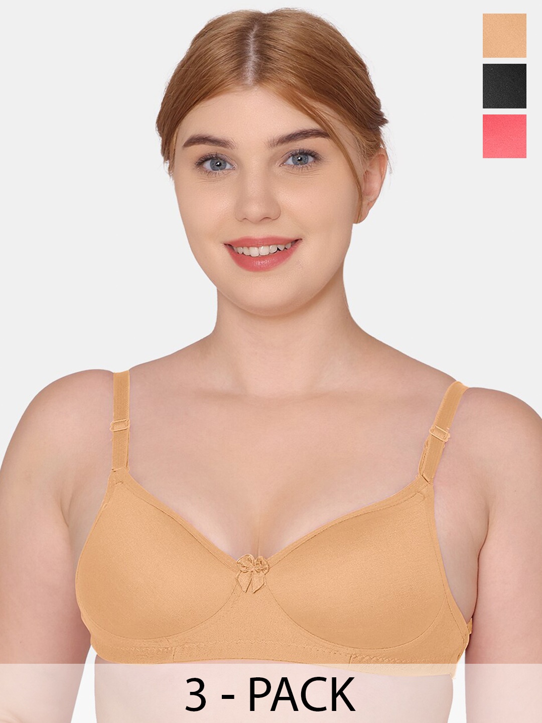 

KOMLI Pack Of 3 Lightly Padded Non Wired Seamless Cotton T-Shirt Bra With All Day Comfort, Nude