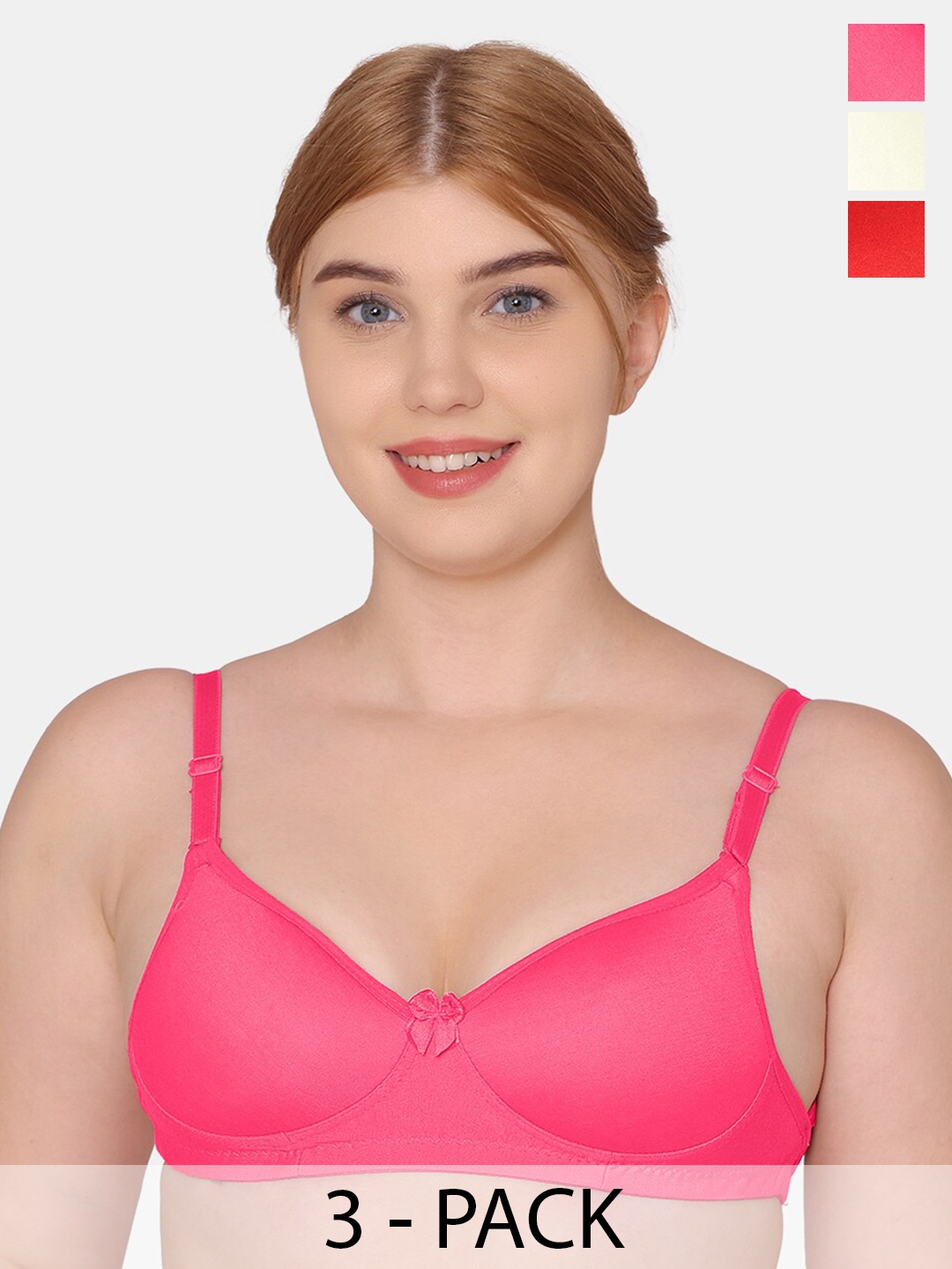 

KOMLI Pack Of 3 Lightly Padded Non Wired Seamless Cotton T-Shirt Bra With All Day Comfort, Pink