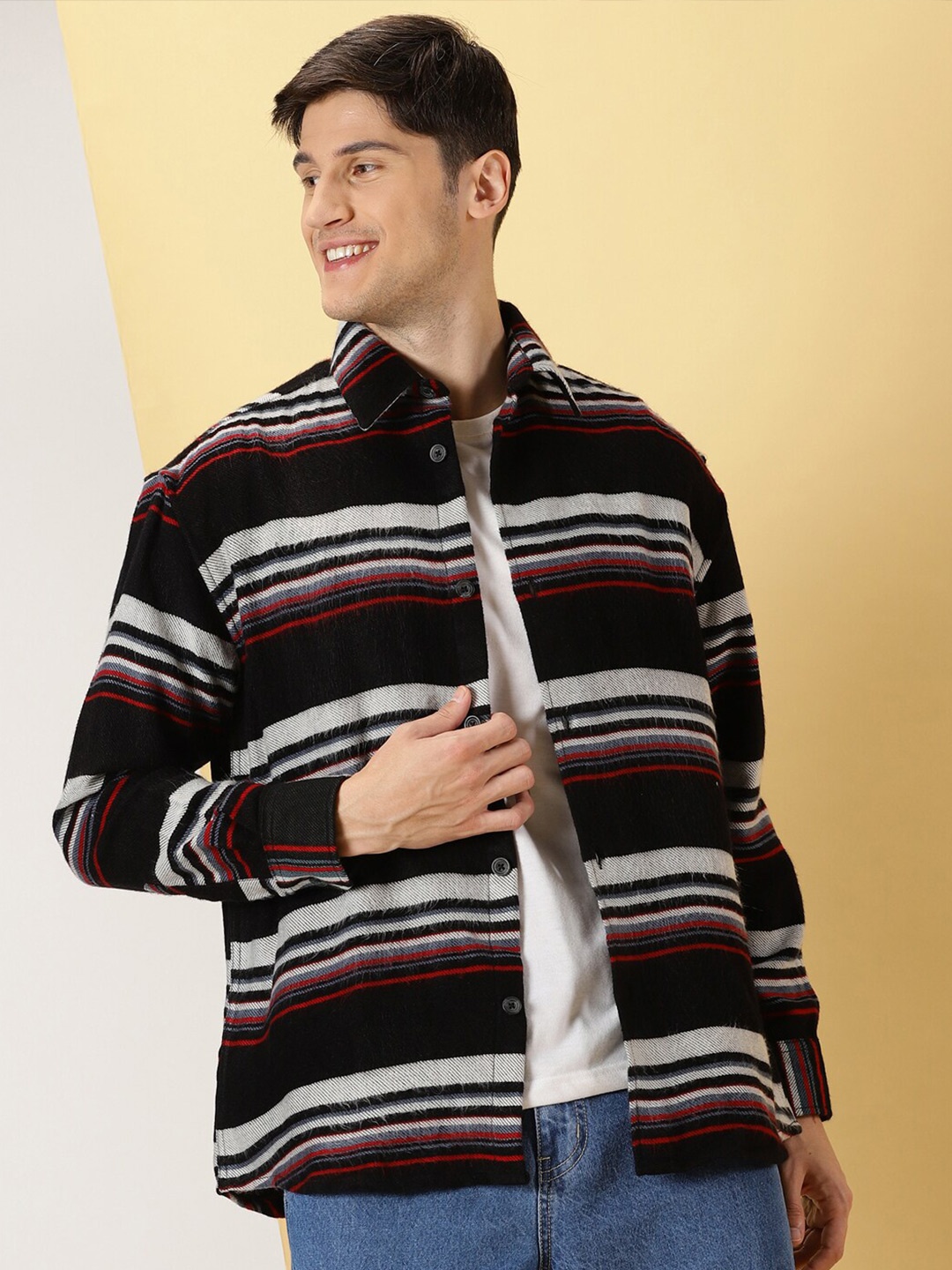 

Thomas Scott Standard Horizontal Stripes Cotton Opaque Striped Casual Shirt, Black