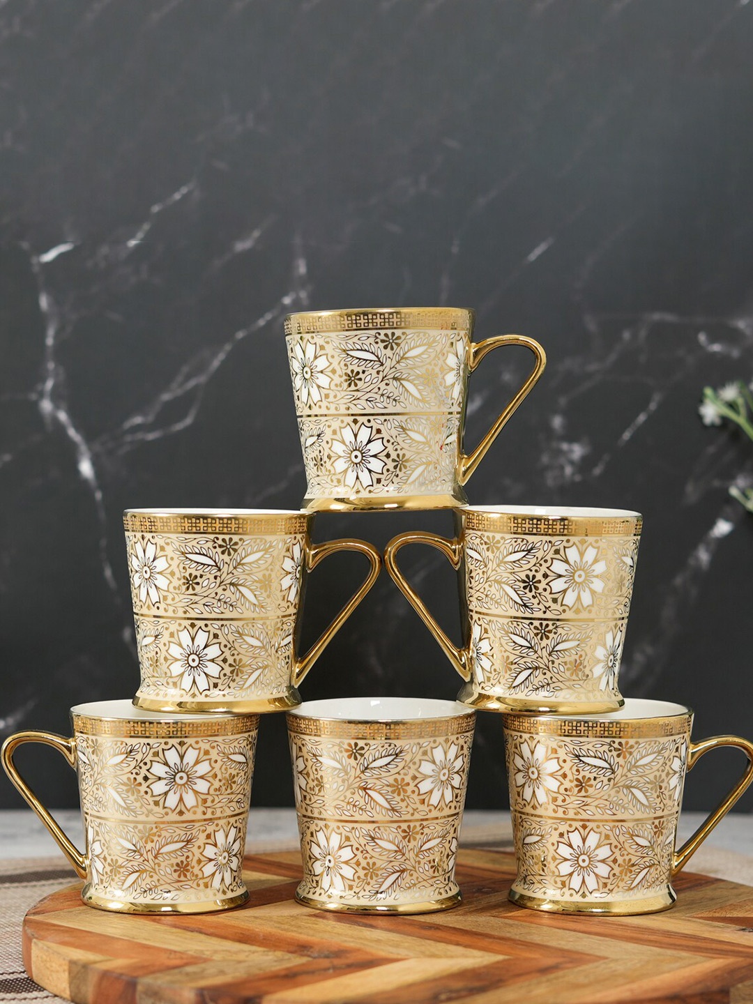 

Femora Gold Toned & White 6 Pieces Floral Printed Ceramic Glossy Cups