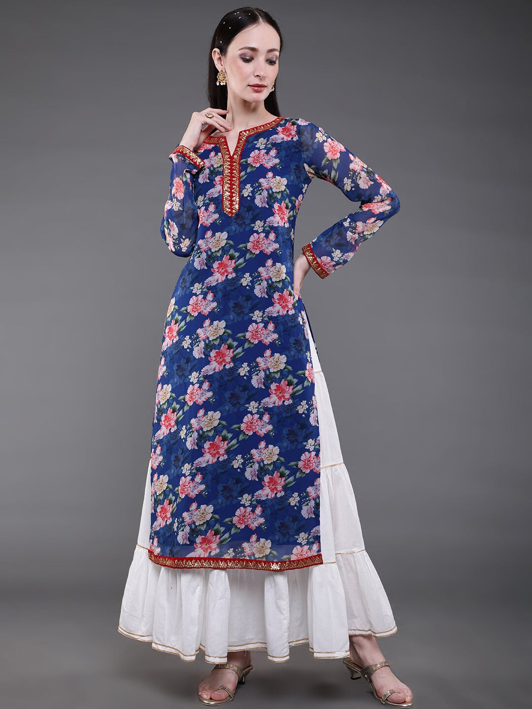 

AKS Floral Printed Thread Work Notch Neck Georgette A-Line Kurta, Blue