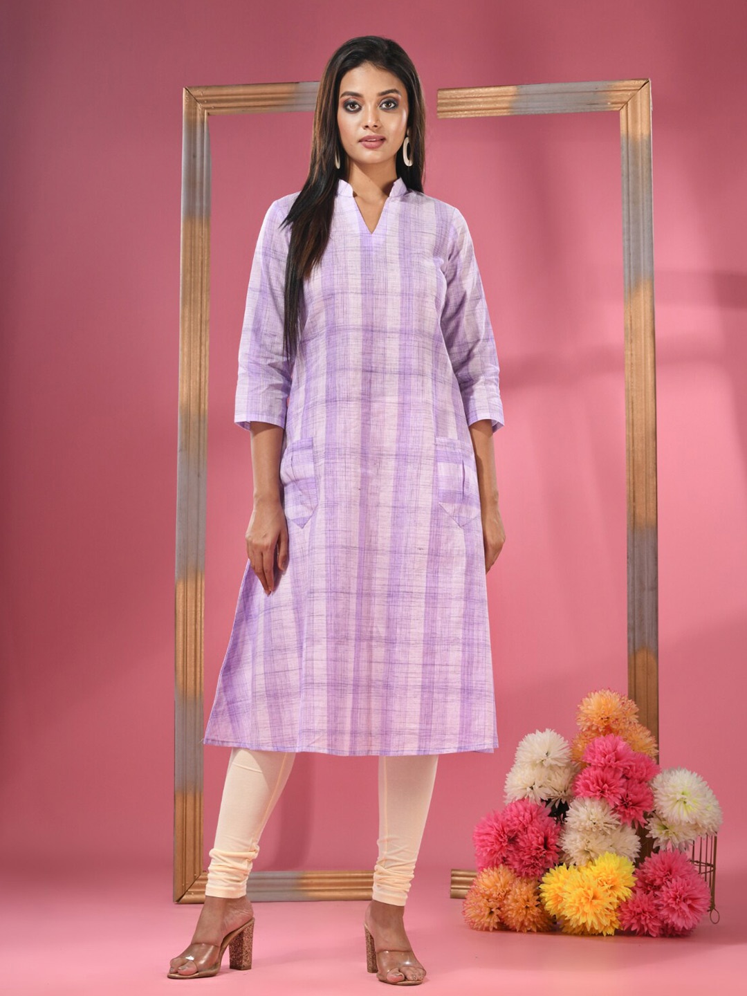 

Charukriti Cotton A-line Checked Kurta, Lavender