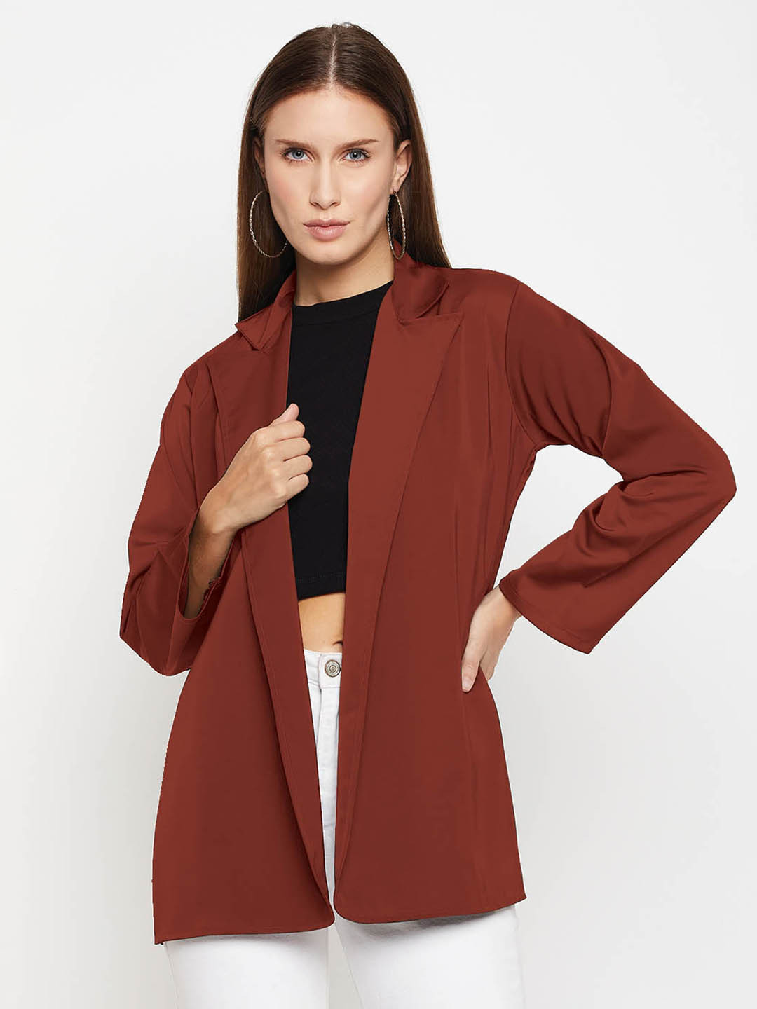 

Fashfun Notched Lapel Collar Open Front Blazer, Brown