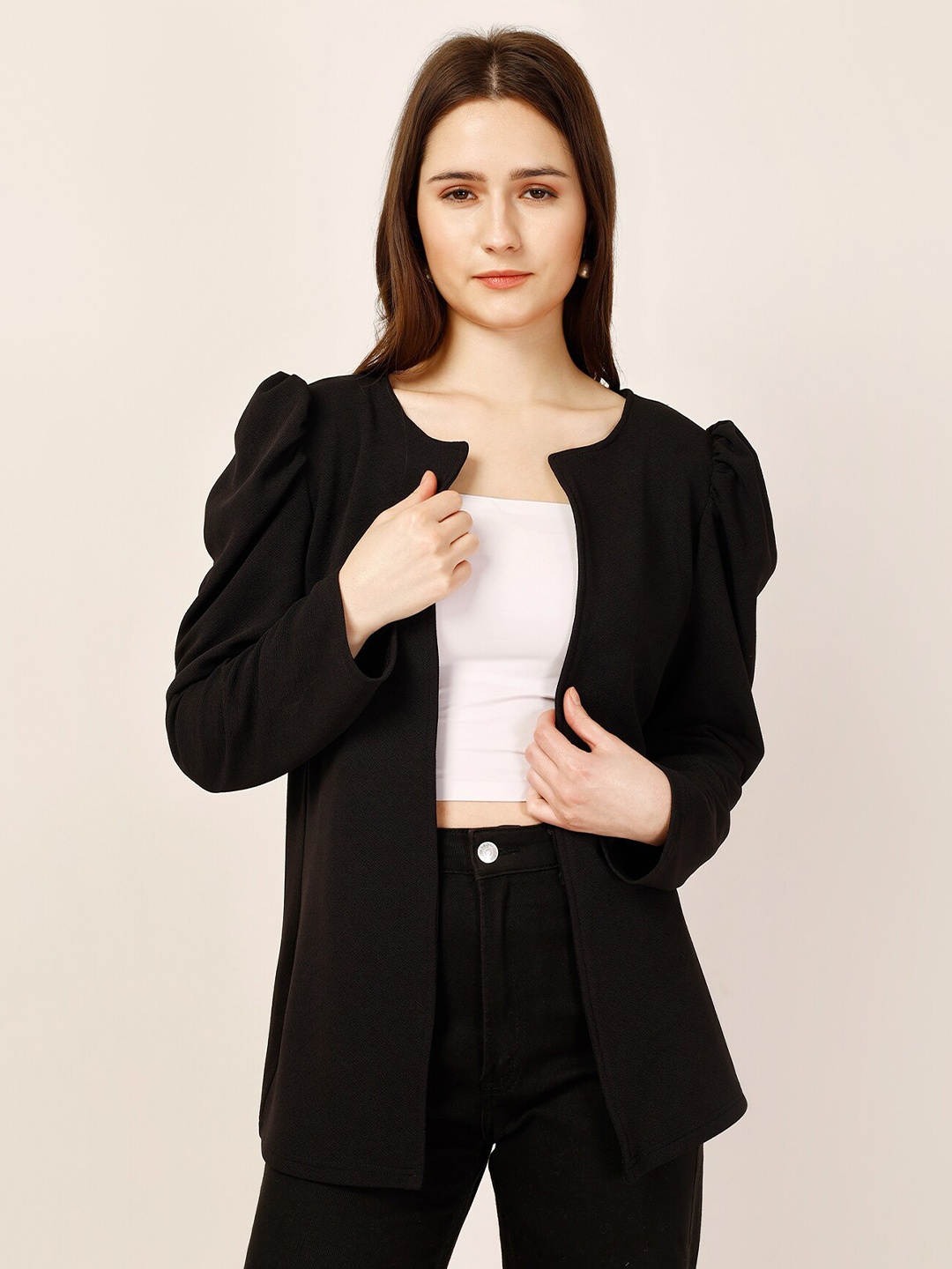 

Fashfun Puff Sleeves Open Front Shrug, Black