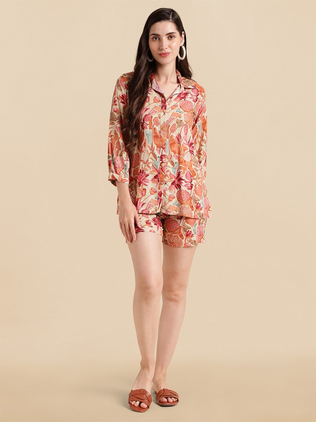

KALINI Floral Printed Shirt With Shorts, Beige