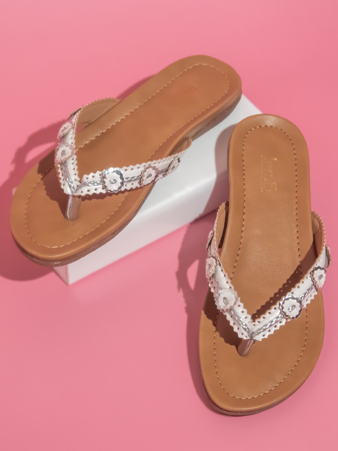 

Inc 5 Textured Embellished Open Toe Flats, White