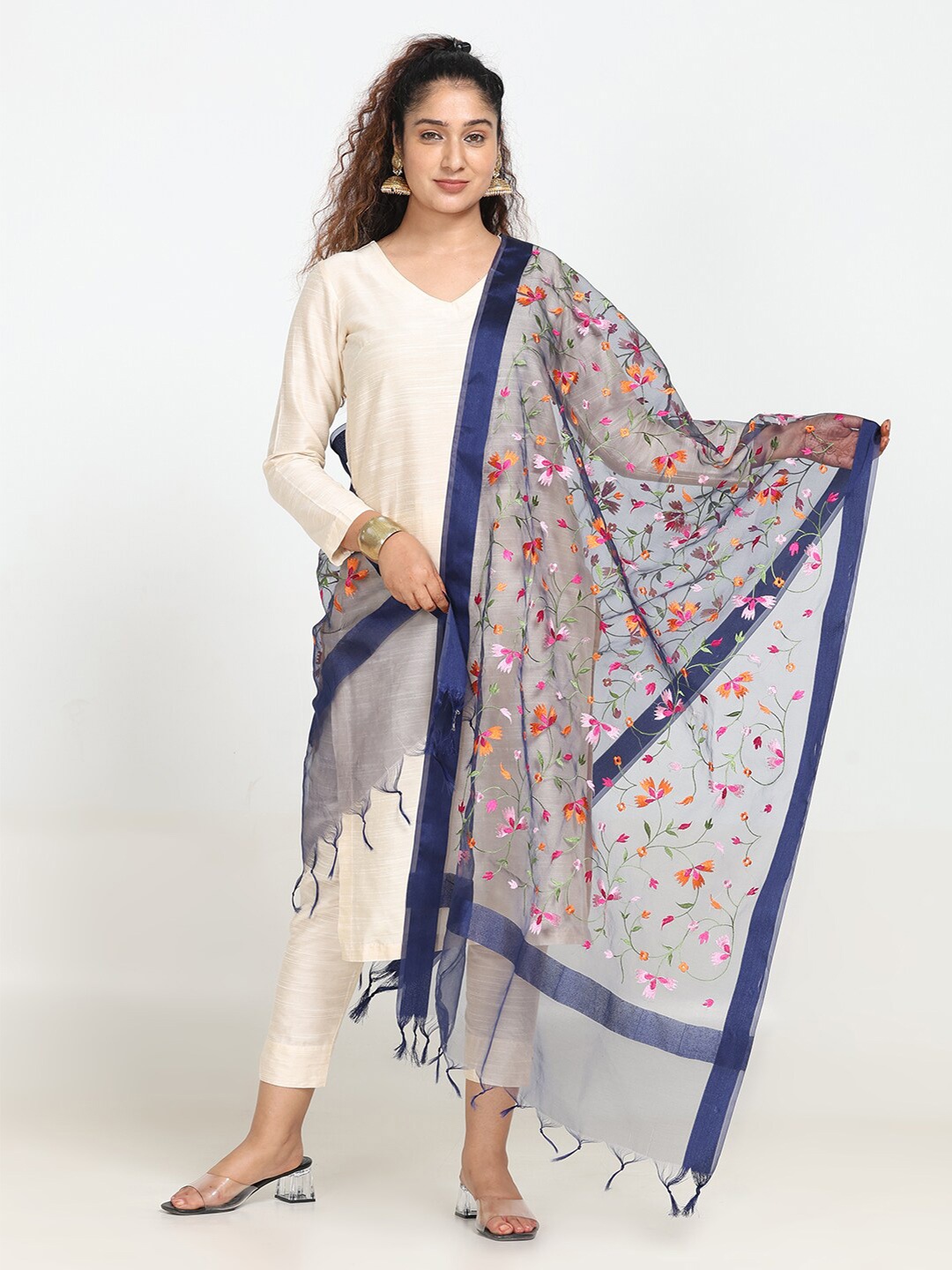 

HELLA FASHIONS Floral Embroidered Organza Dupatta, Navy blue