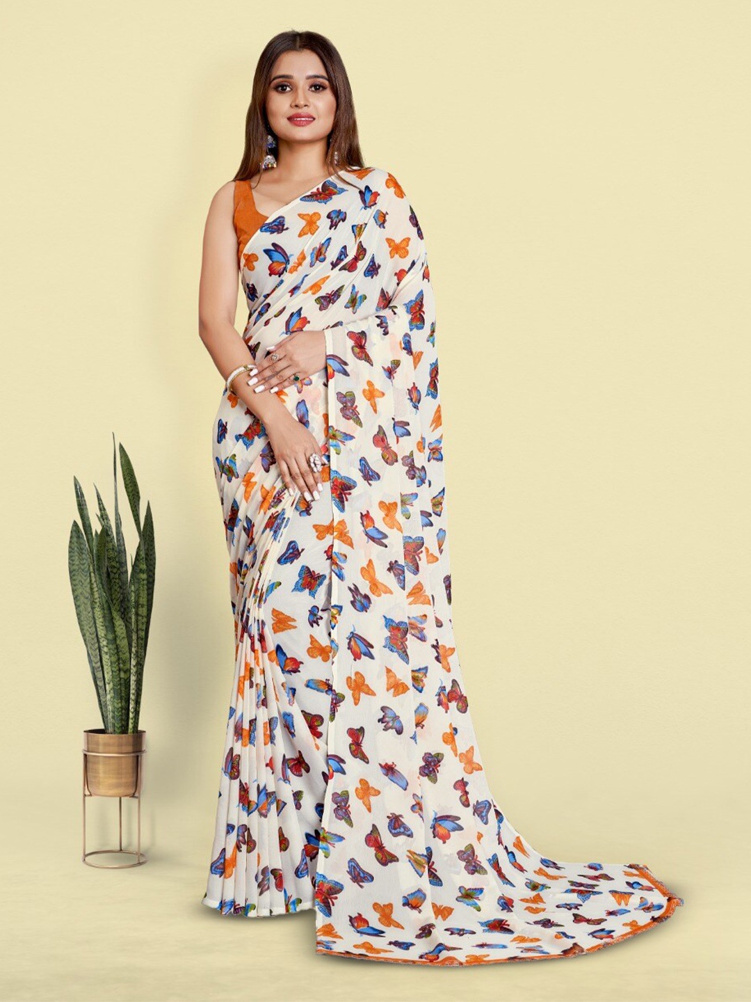 

bansari textiles Floral Pure Georgette Block Print Saree, White