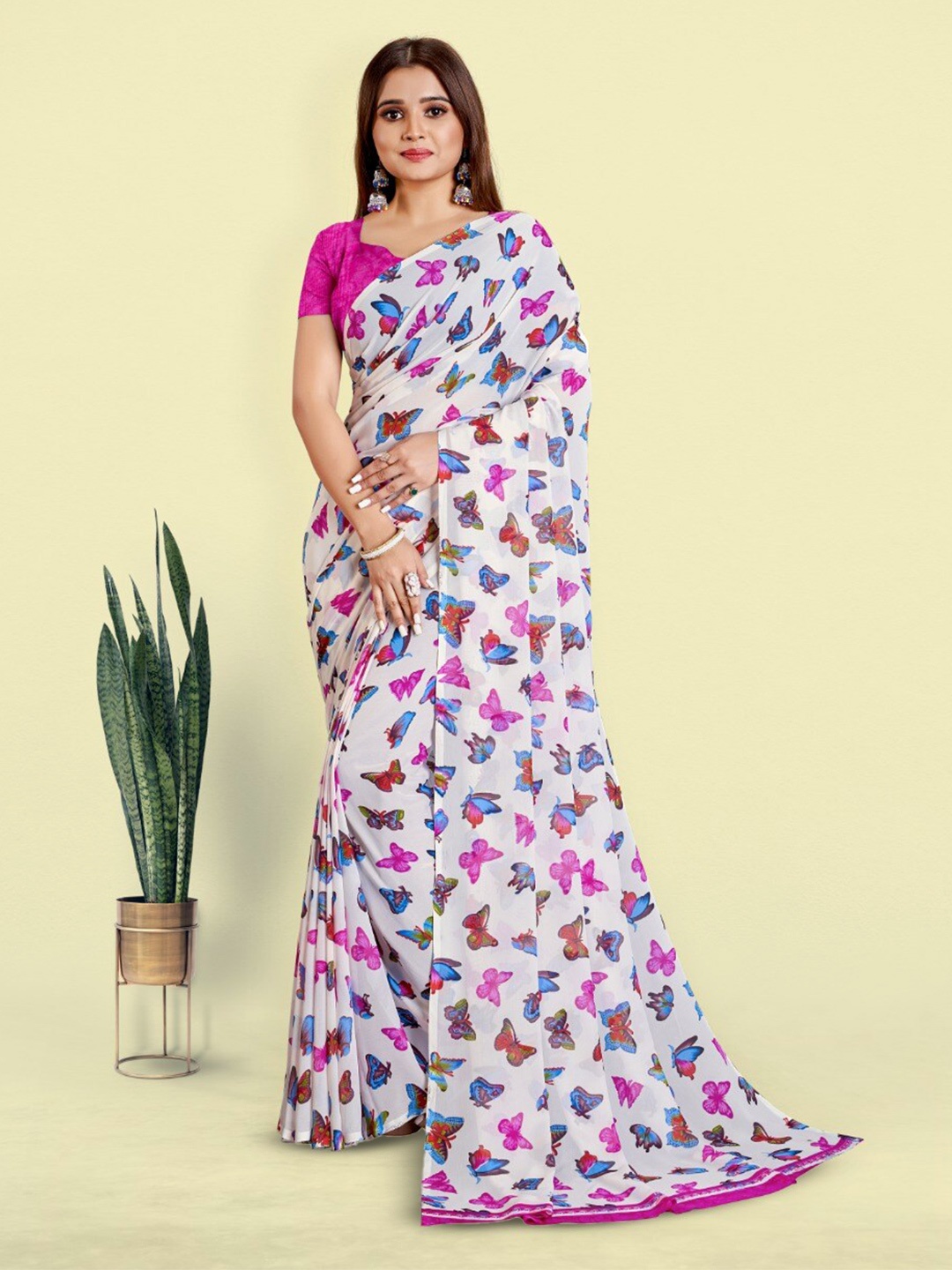 

bansari textiles Abstract Printed Pure Georgette Block Print Saree, Pink