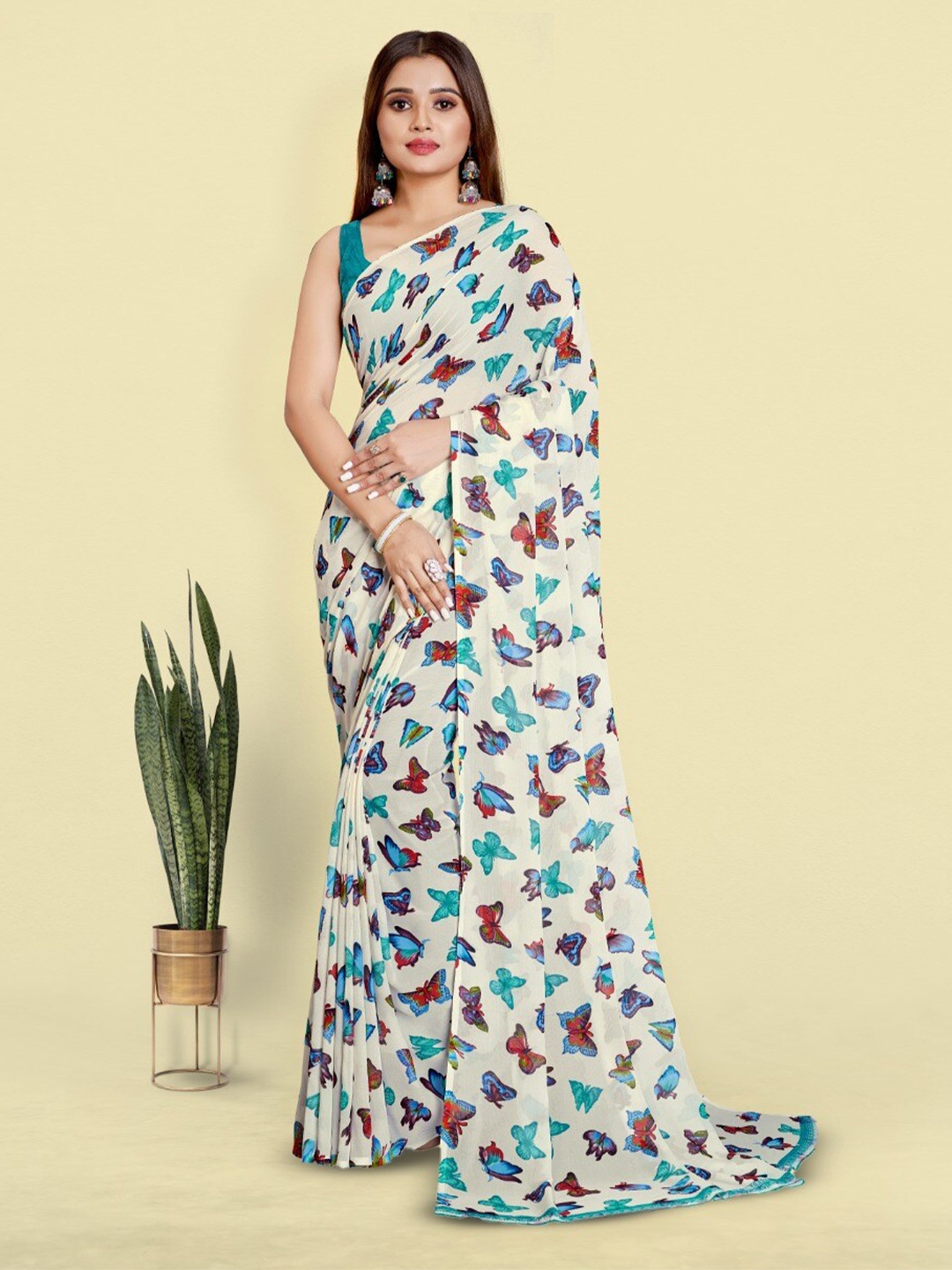 

bansari textiles Abstract Printed Pure Georgette Block Print Saree, Turquoise blue