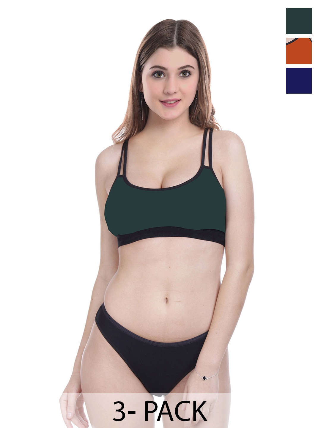 

AROUSY Pack of 3 Cotton Lingerie Set, Green