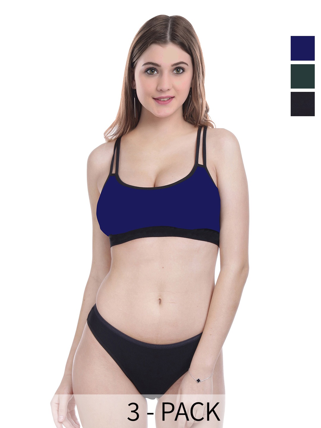 

AROUSY Pack Of 3 Non Padded Cotton Lingerie Set, Green