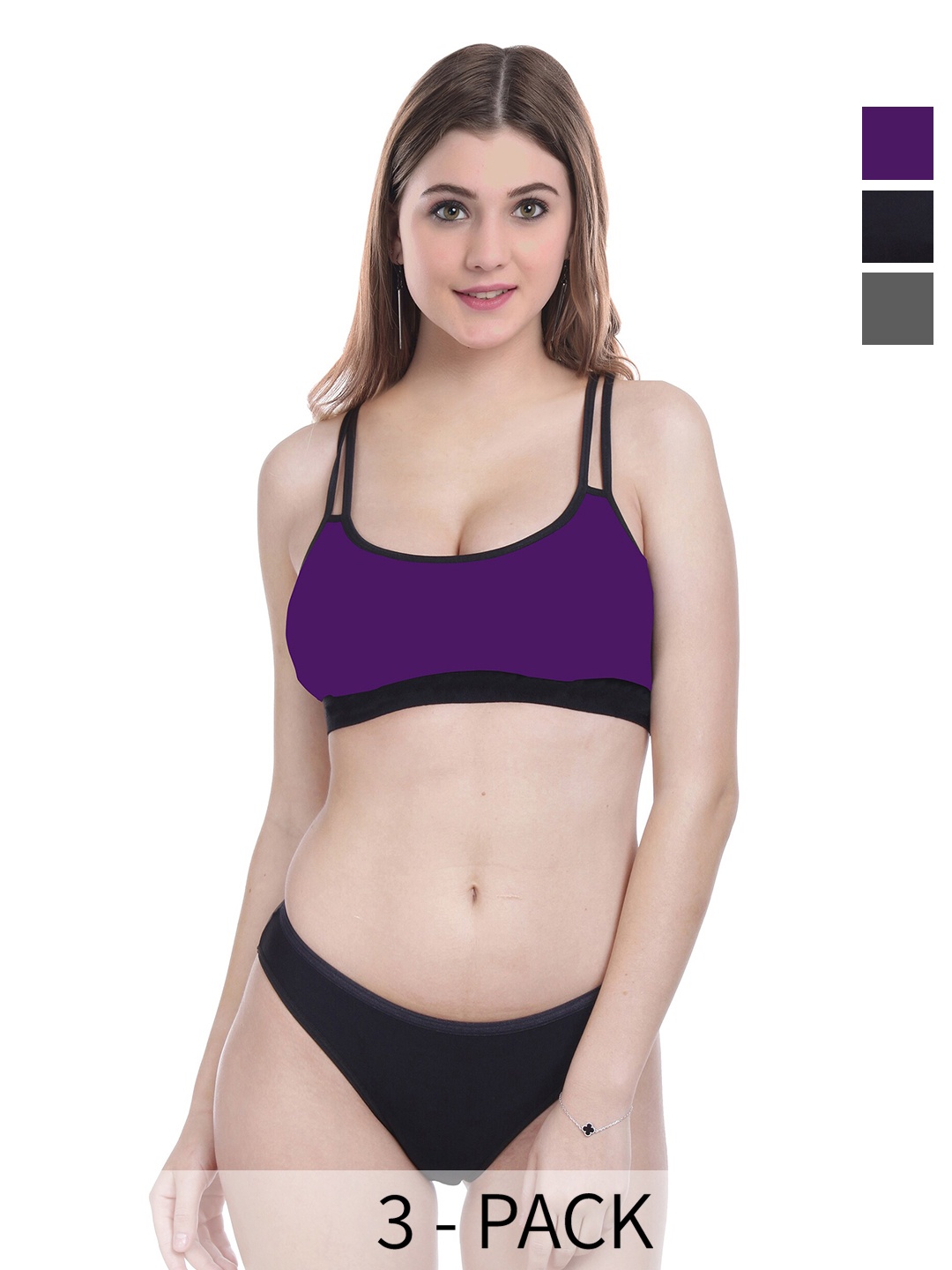 

AROUSY Pack Of 3 Non Padded Cotton Lingerie Set, Black