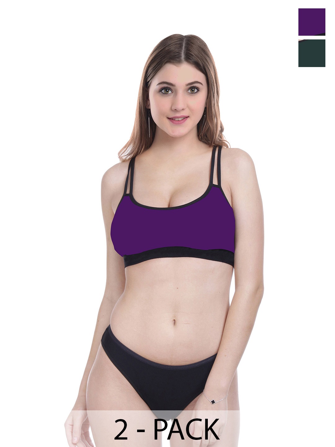 

AROUSY Pack Of 2 Non Padded Cotton Lingerie Set, Green