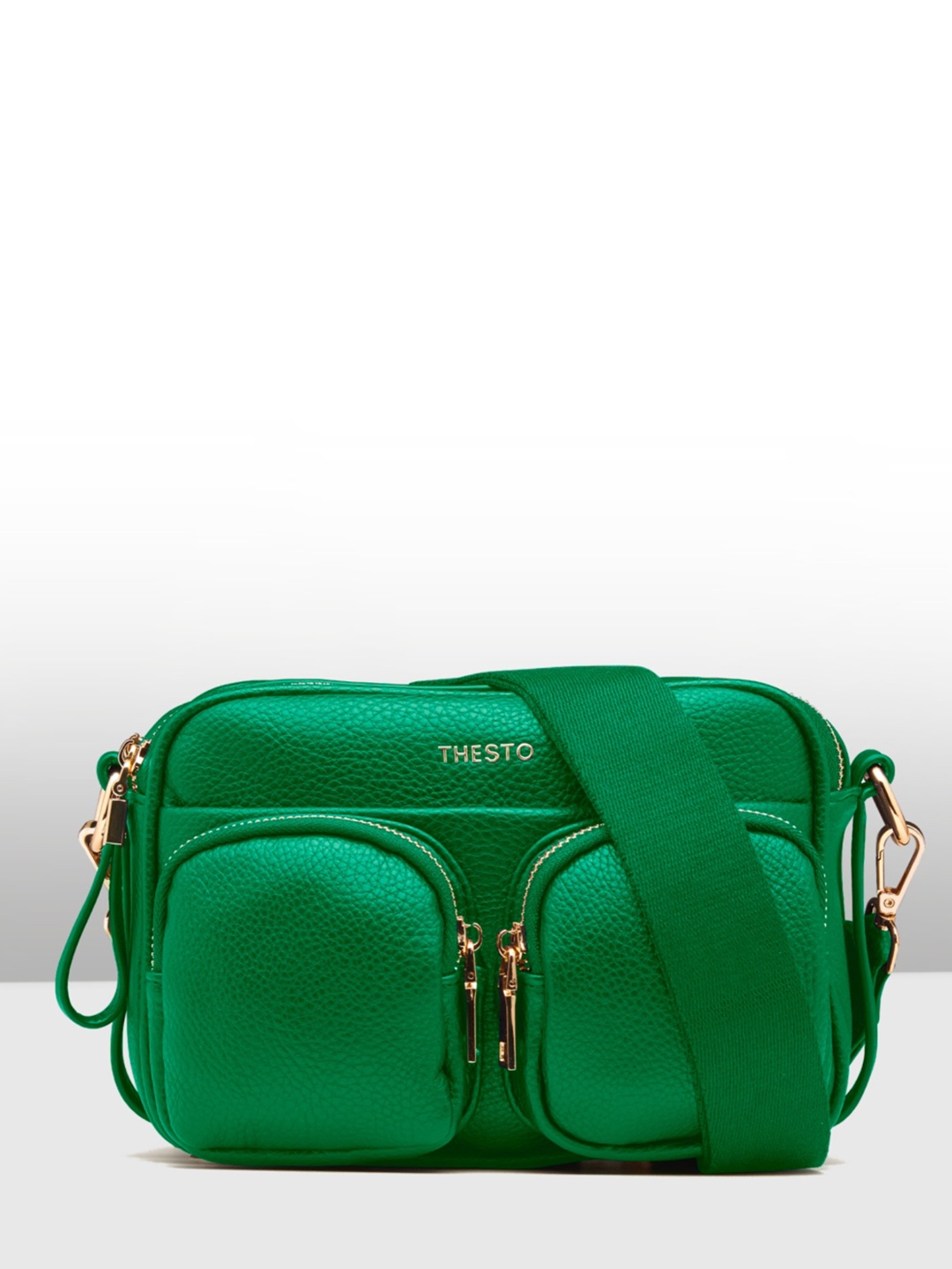 

THESTO Textured PU Multi Pocketed Sling Bag, Green