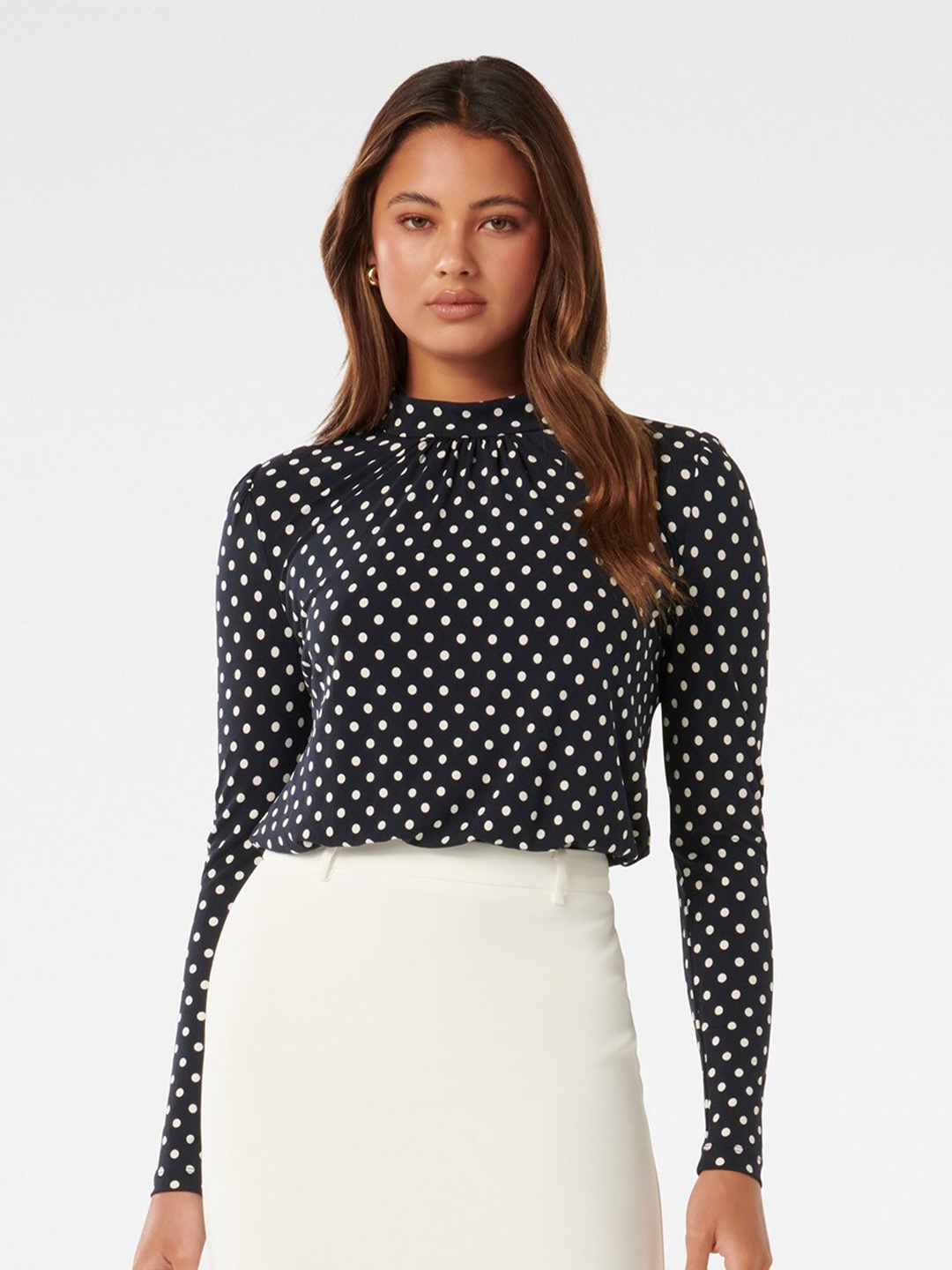 

Forever New Polka Dot Print Puff Sleeve Top, Navy blue