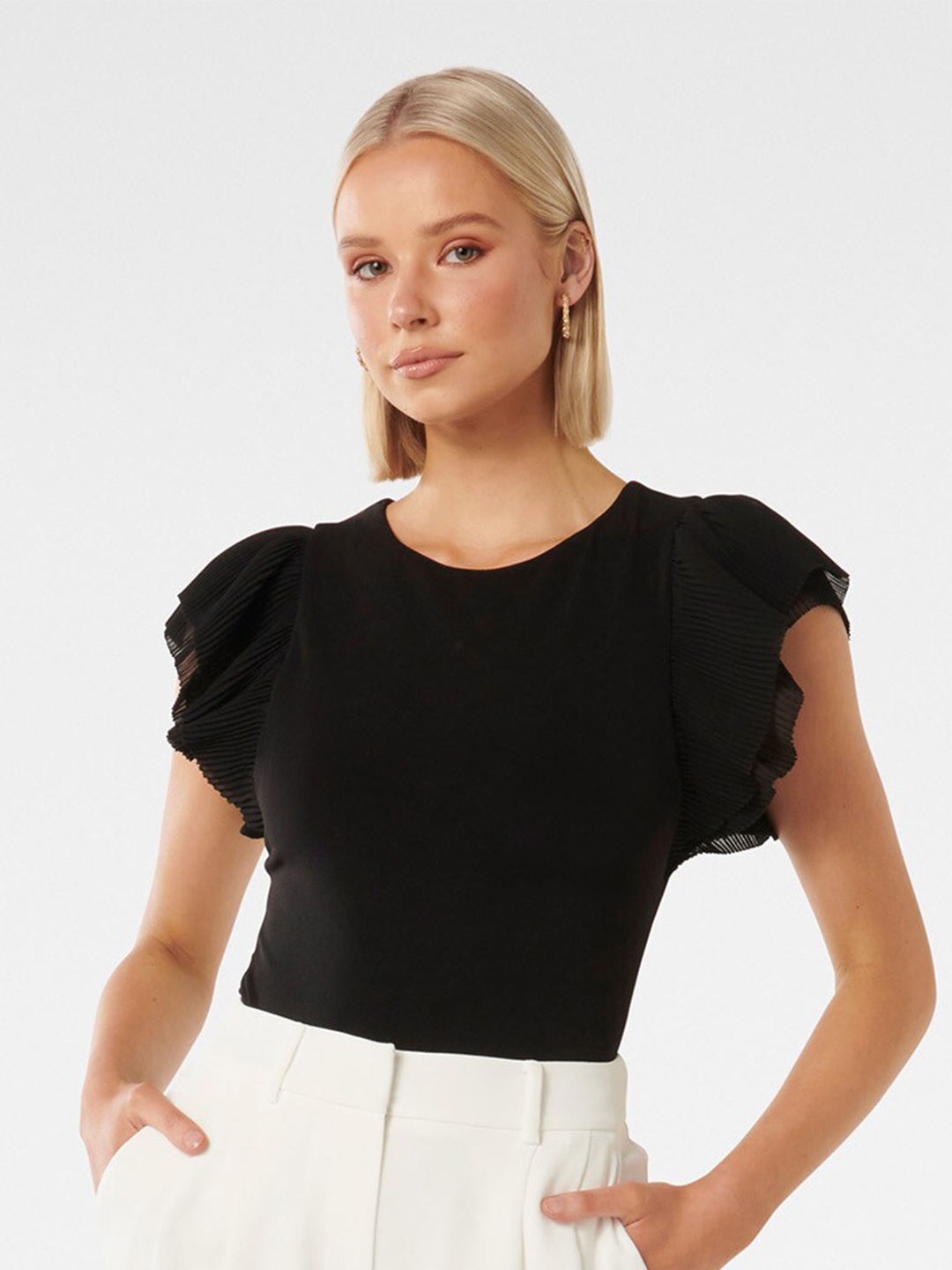

Forever New Round Neck Flutter Sleeves Top, Black