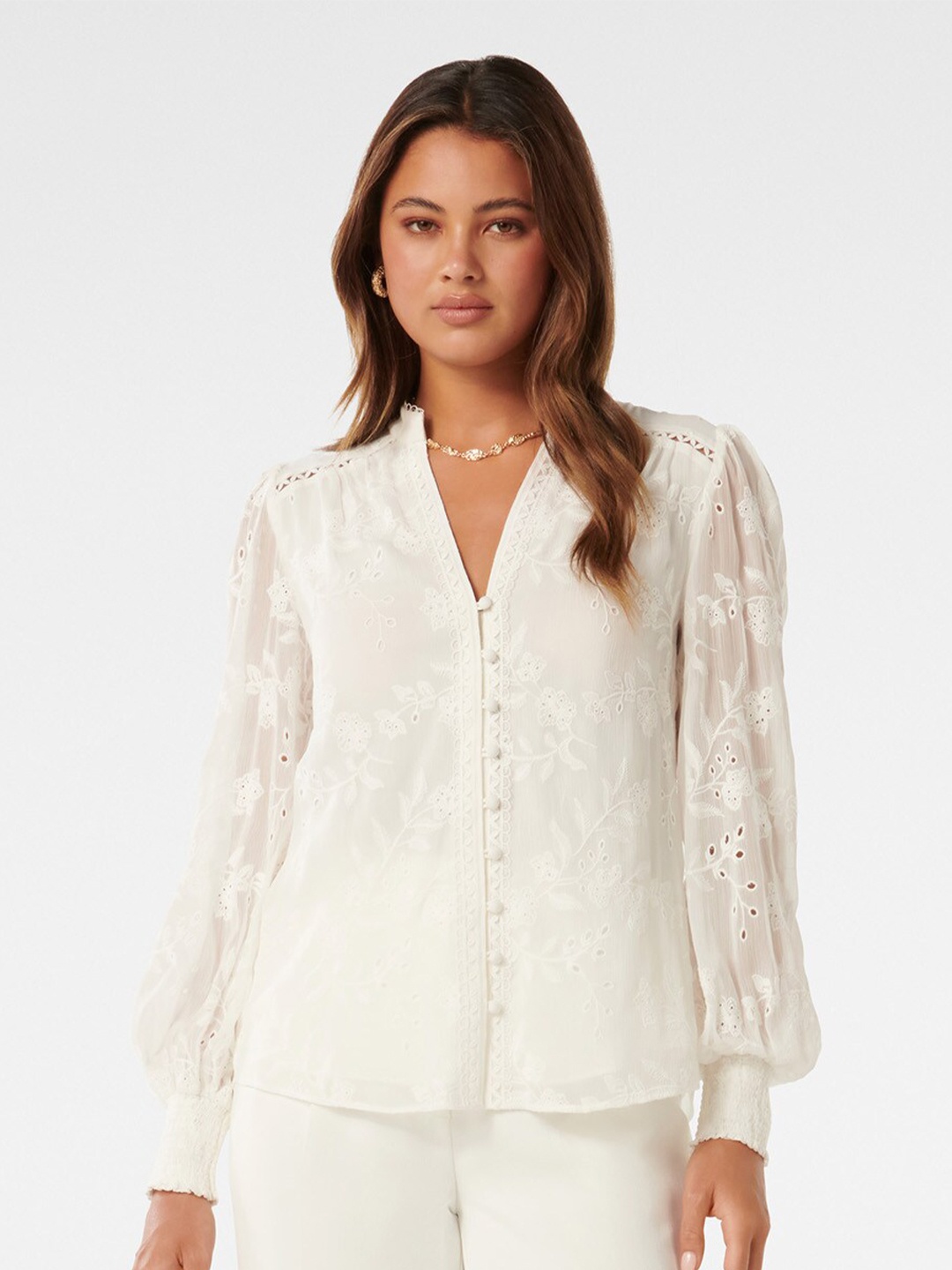 

Forever New Embroidered Shirt Style Top, White
