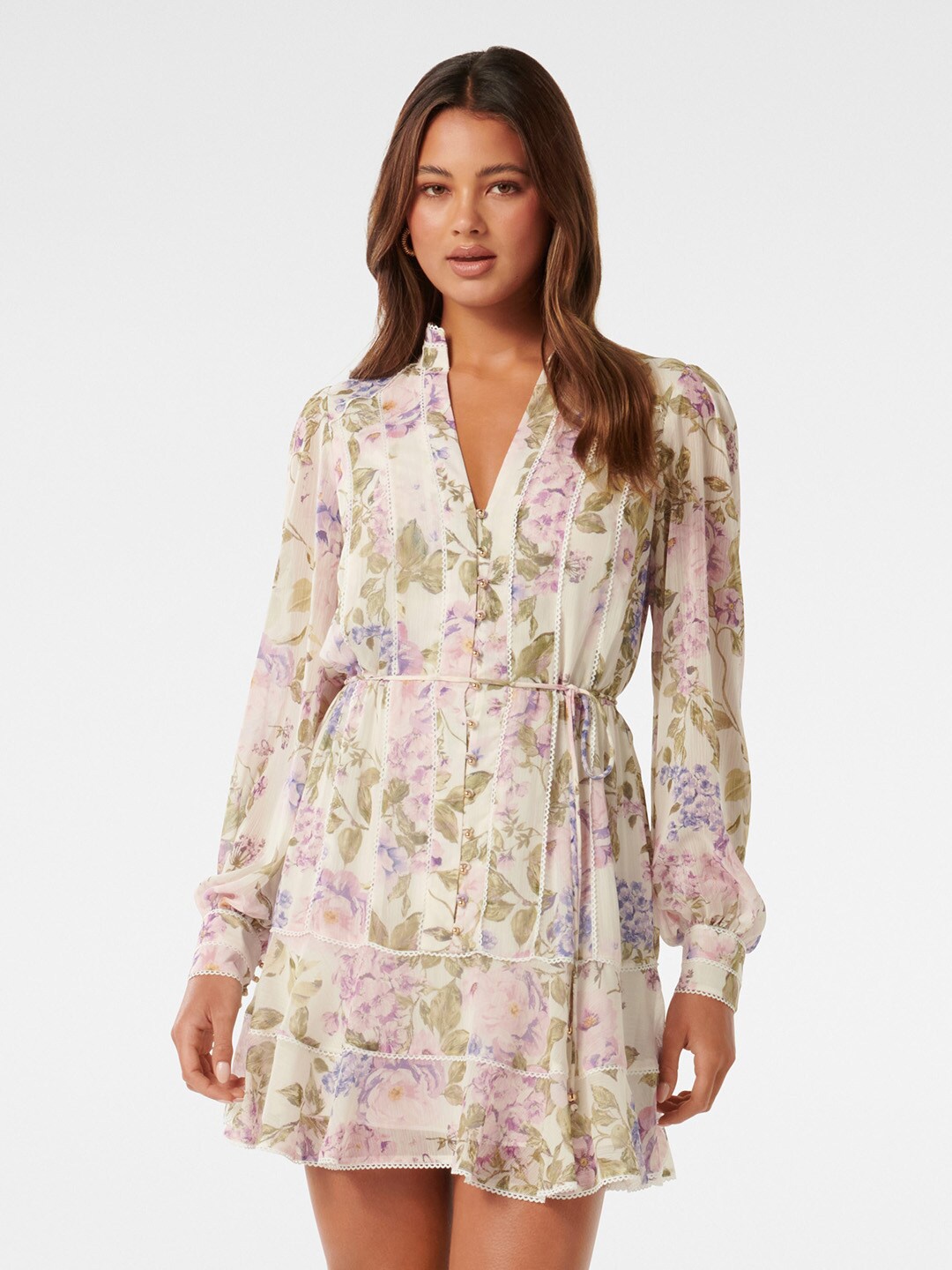 

Forever New floral Printed Shirt Collar Fit and Flare, Off white