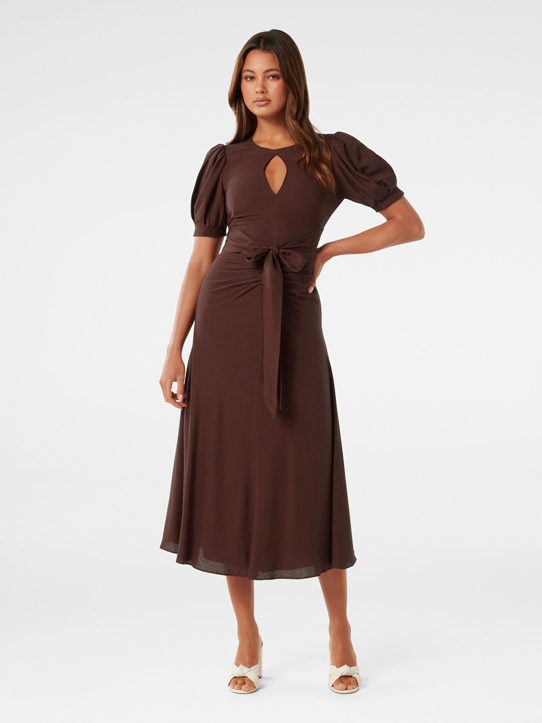 

Forever New Keyhole Neck Puff Sleeve Fit & Flare Midi Dress, Brown