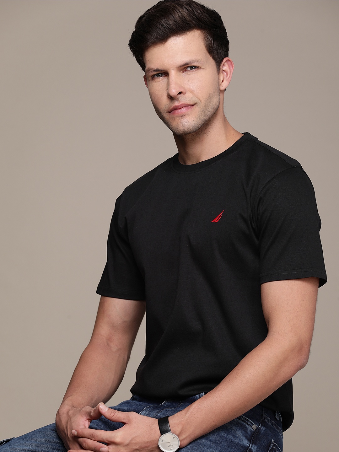 

Nautica Pure Cotton Solid Casual T-shirt, Black