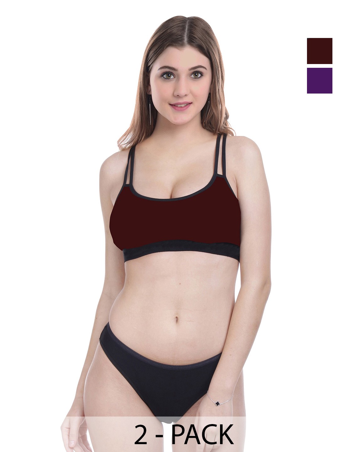 

PIBU Pack of 2 Cotton Lingerie Set F_DD-Sett_Purple,Maroon