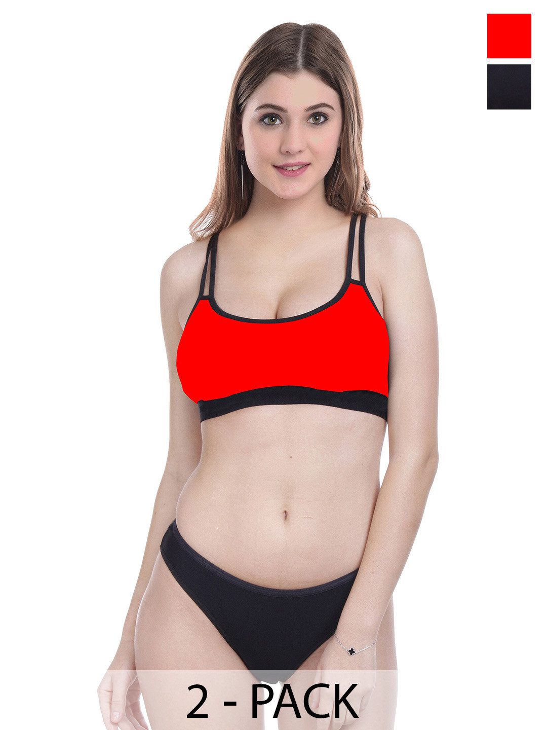 

PIBU Pack Of 2 Non Padded Cotton Lingerie Sets, Red