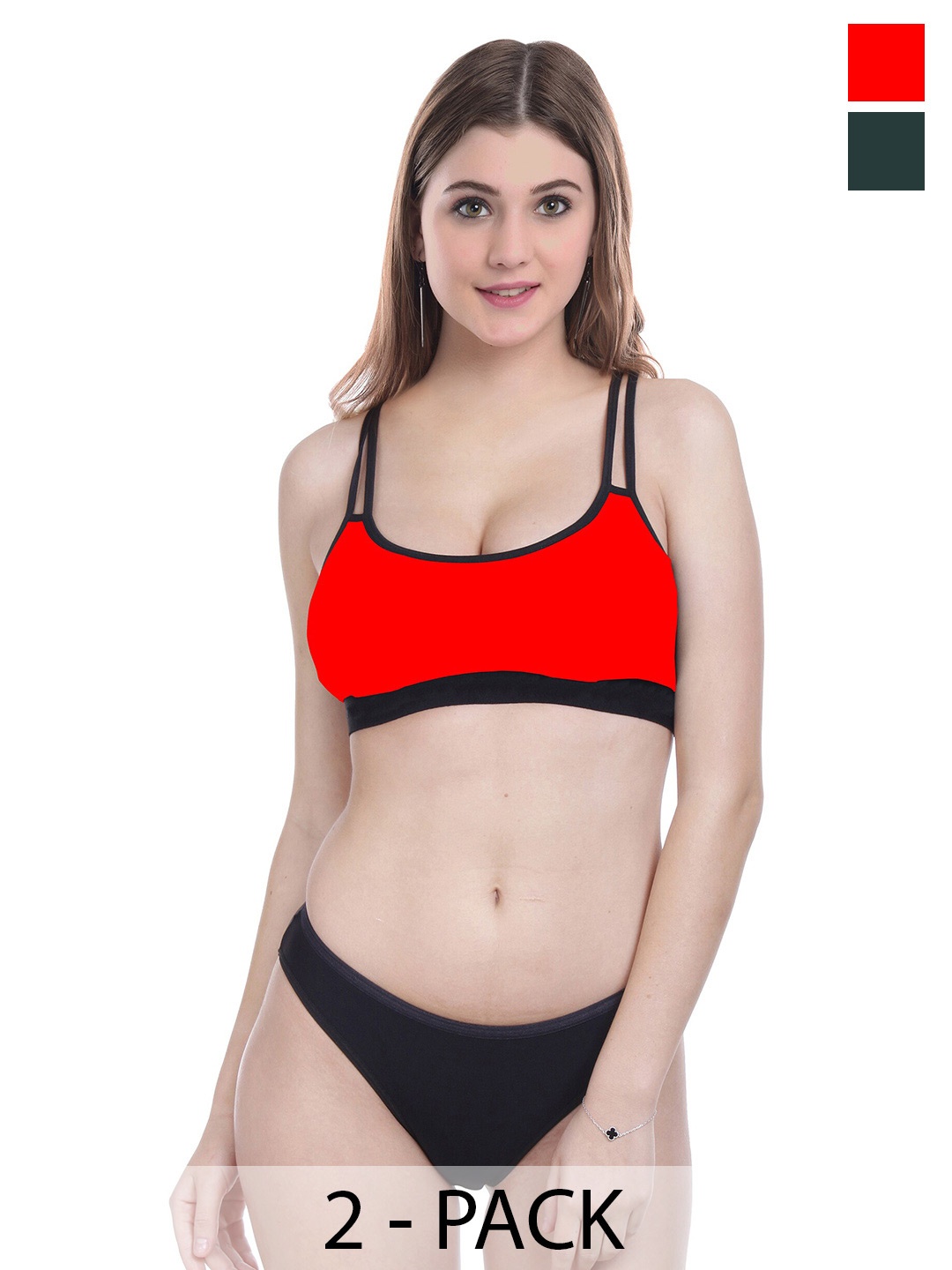 PIBU Pack Of 2 Non Padded Cotton Lingerie Set, Red