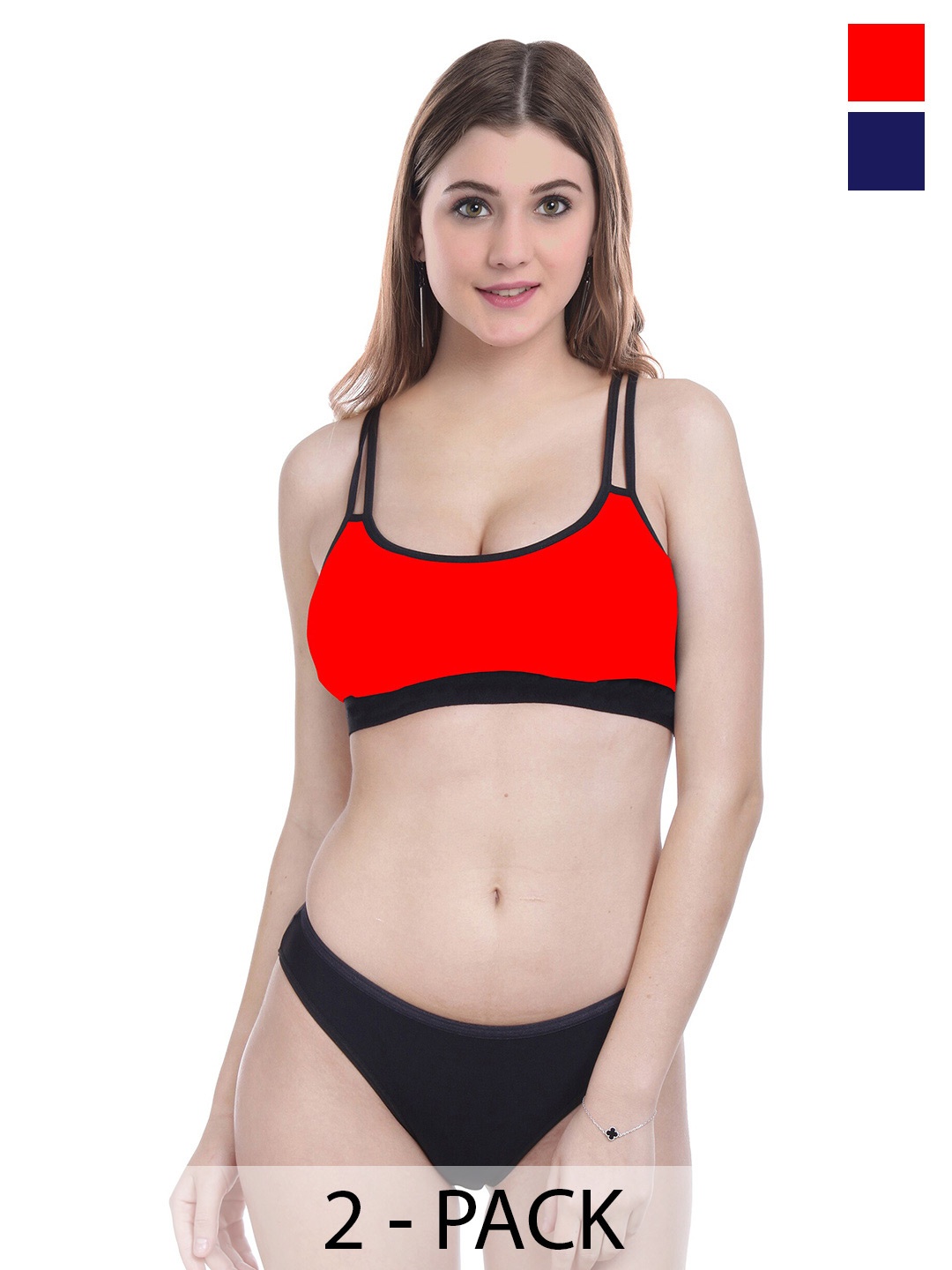 

PIBU Pack Of 2 Non Padded Cotton Lingerie Sets, Red