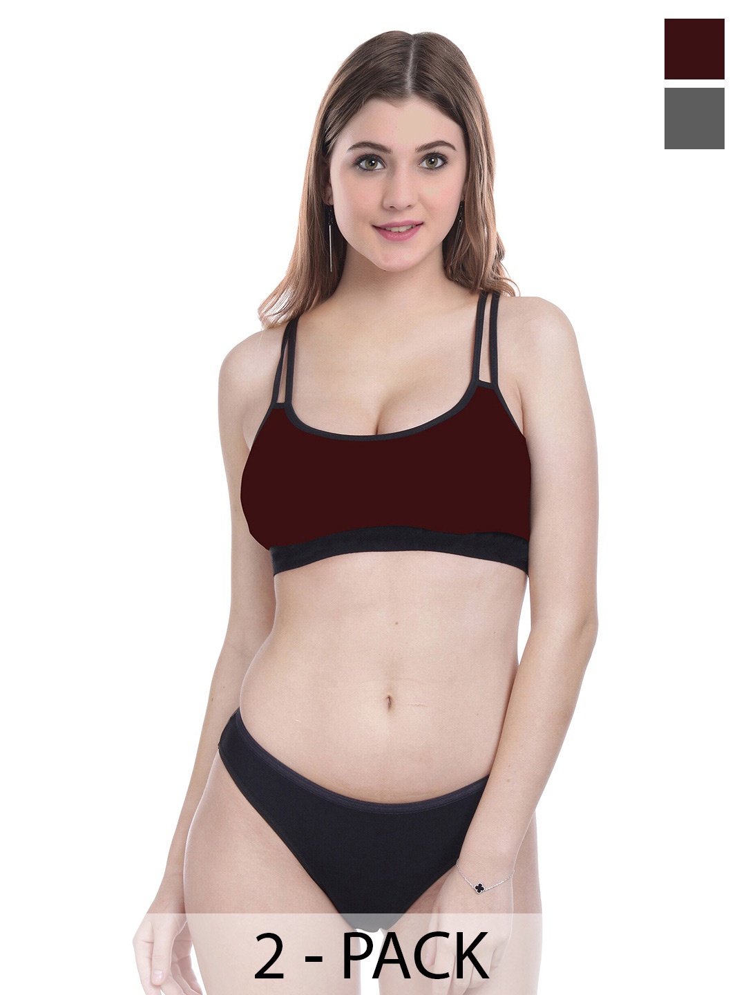 

PIBU Pack Of 2 Cotton Non-Padded Lingerie Set F_DD-Sett_Maroon,Grey