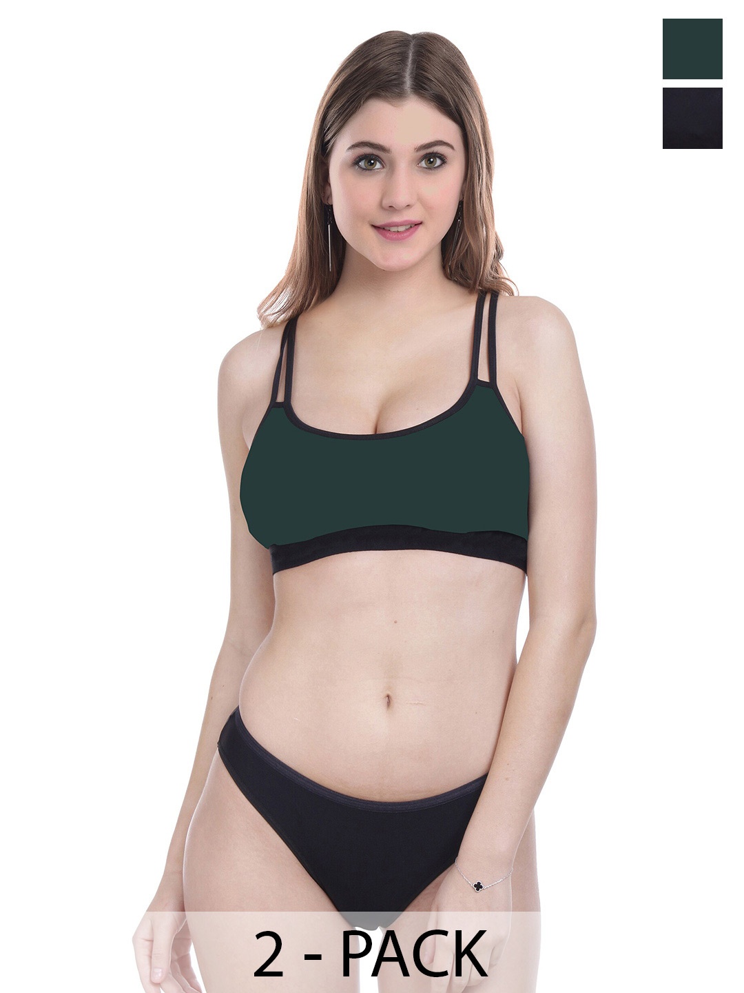 PIBU Pack Of 2 Cotton Non-Padded Lingerie Set F_DD-Sett_Green,Black