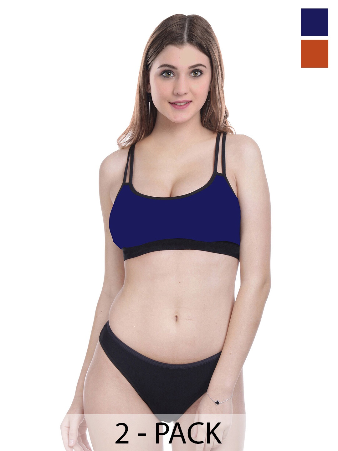 

PIBU Pack Of 2 Non Padded Cotton Lingerie Sets, Blue