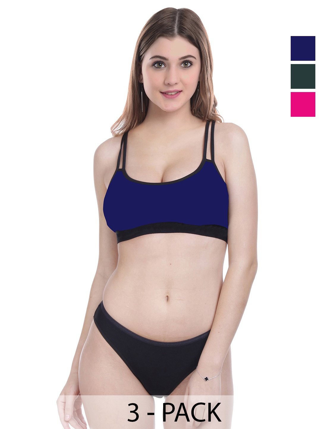 

PIBU Pack of 3 Cotton Lingerie Set F_DD-Sett_Pink,Green,Blue