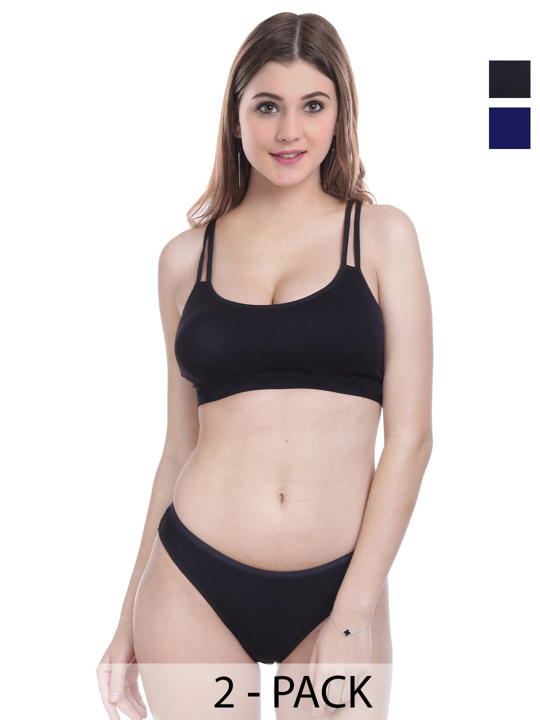 PIBU Pack Of 2 Cotton Non-Padded Lingerie Set, Black