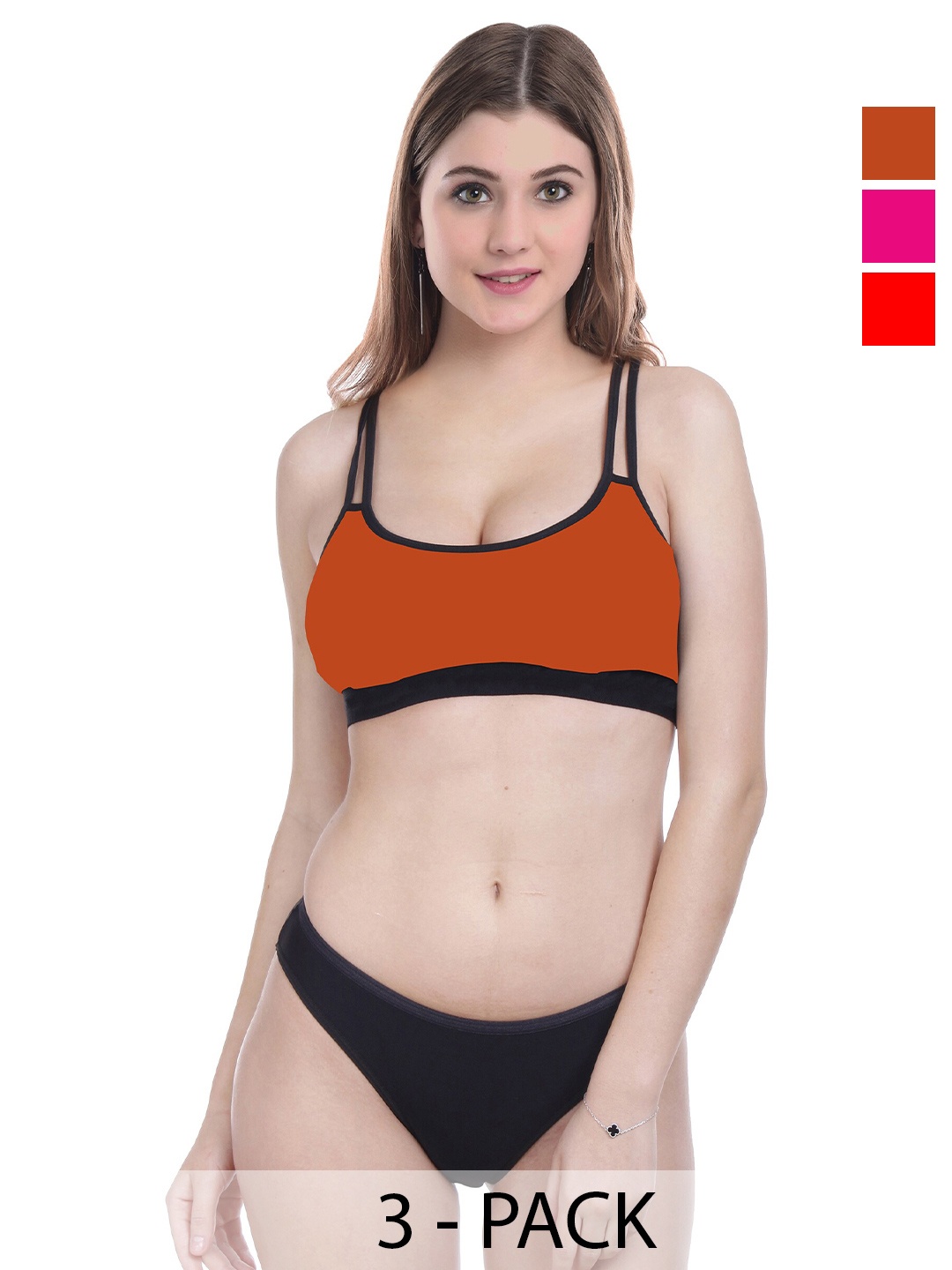 

PIBU Pack Of 3 Non Padded Cotton Lingerie Set, Red