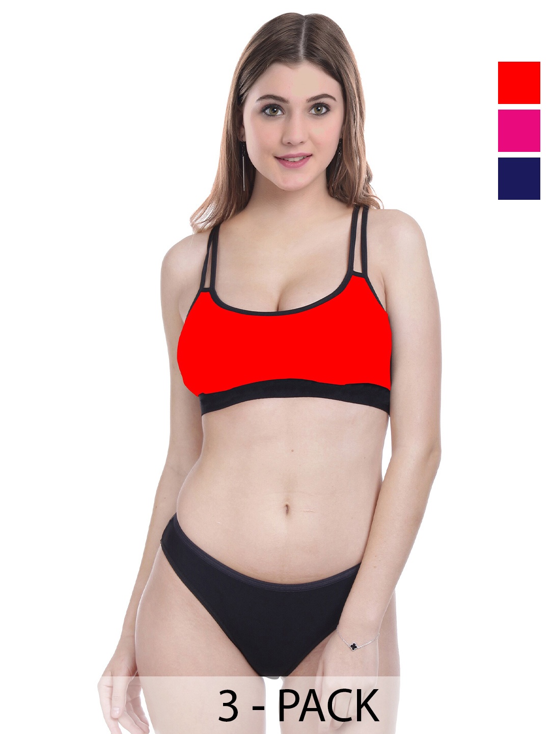 

PIBU Pack Of 3 Non Padded Cotton Lingerie Sets, Blue