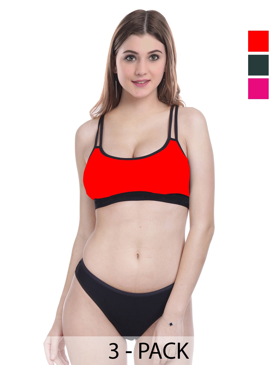 PIBU Pack Of 3 Non Padded Cotton Lingerie Sets, Red